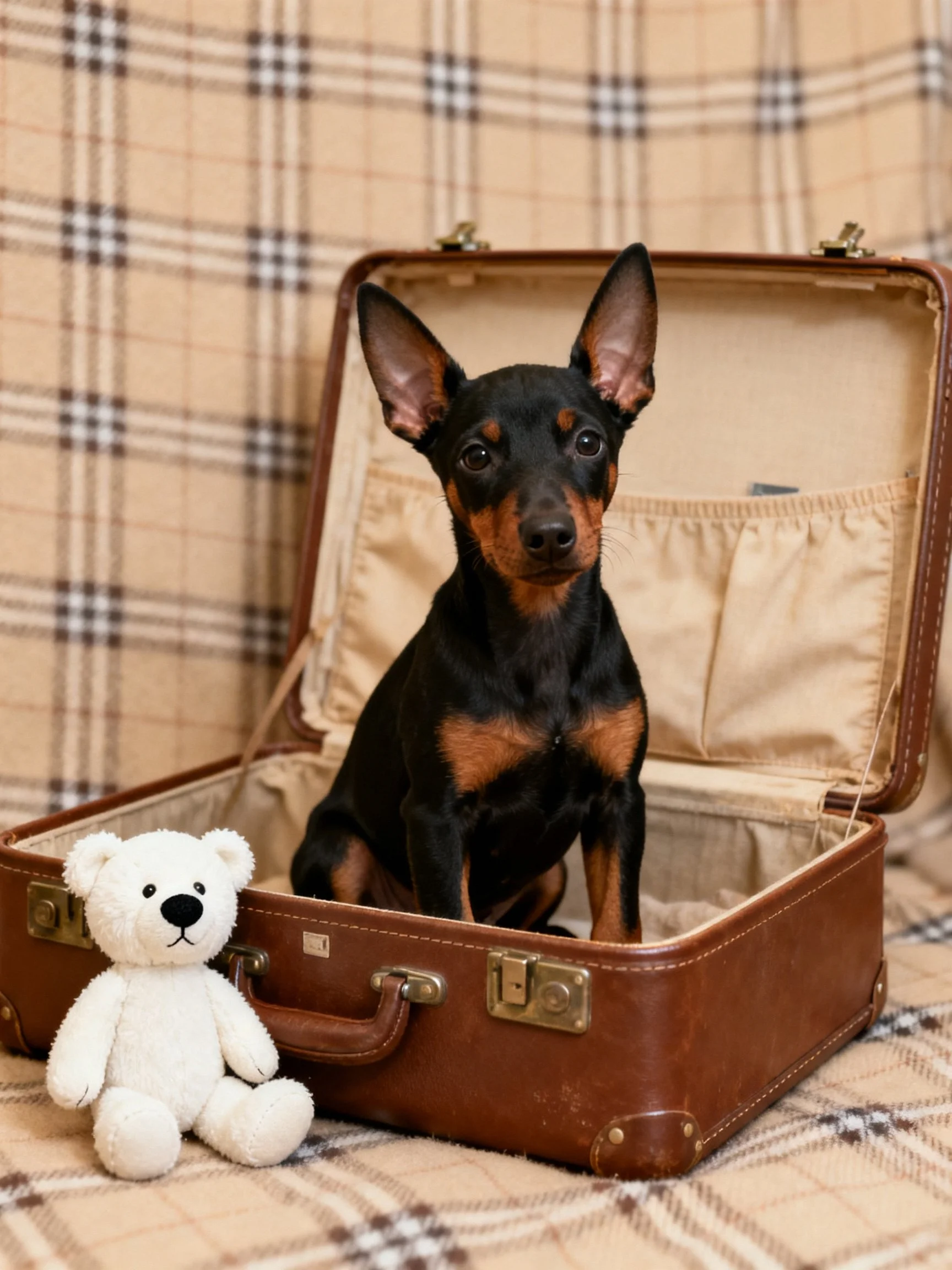 A small dog sits inside an open suitcase near a white teddy bear.