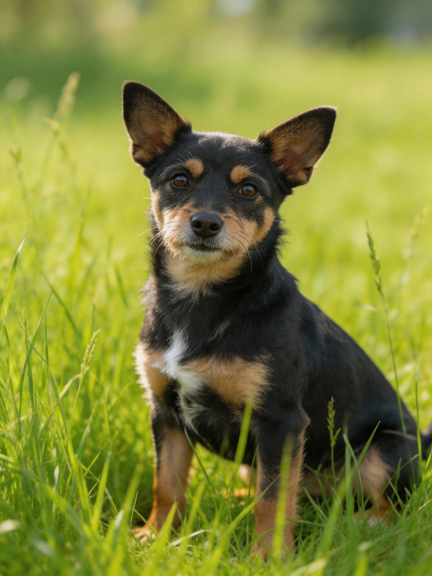 A small black and tan dog sits calmly among tall green grass.