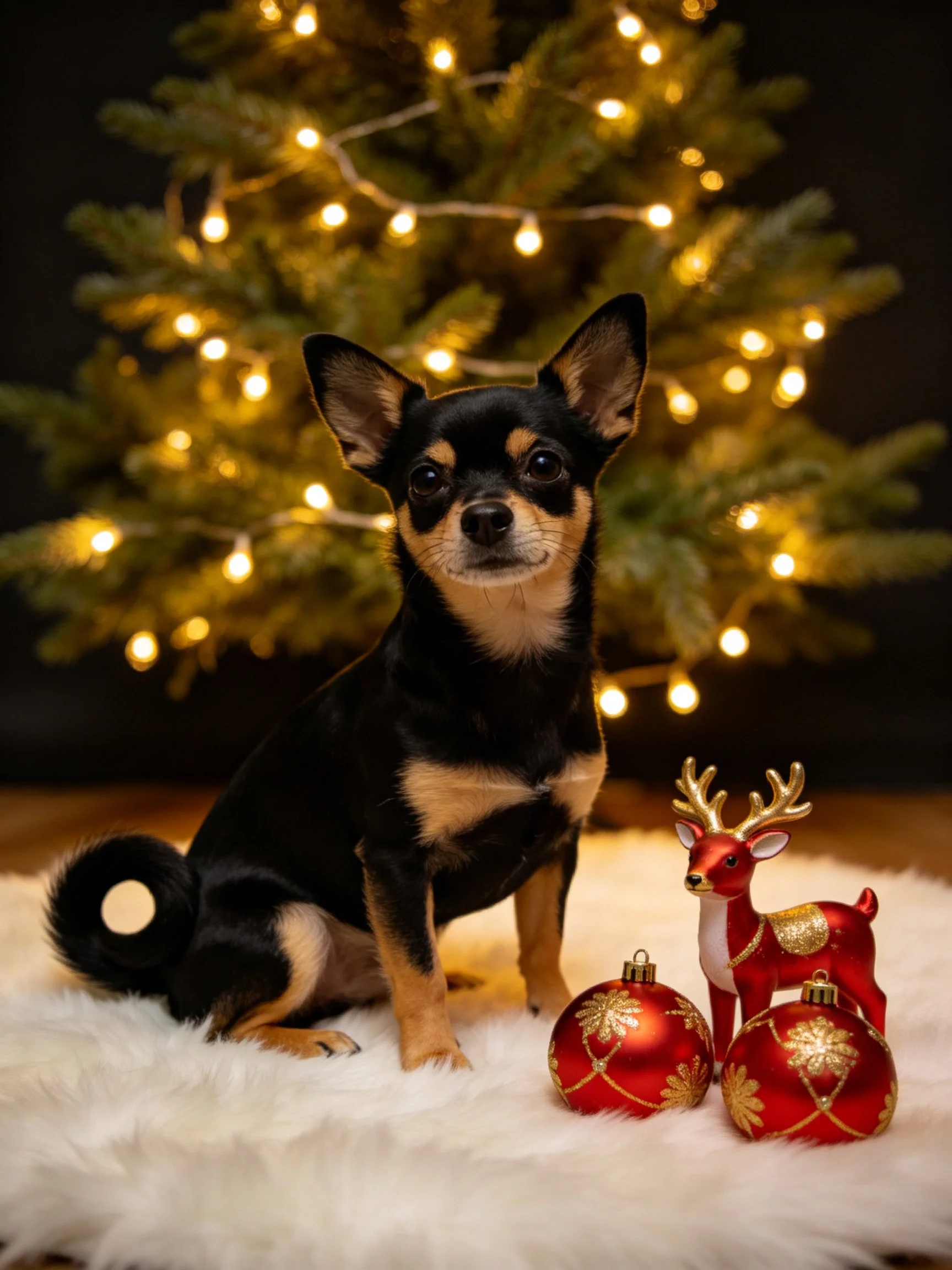 A small dog sits near a decorated Christmas tree with holiday decorations.