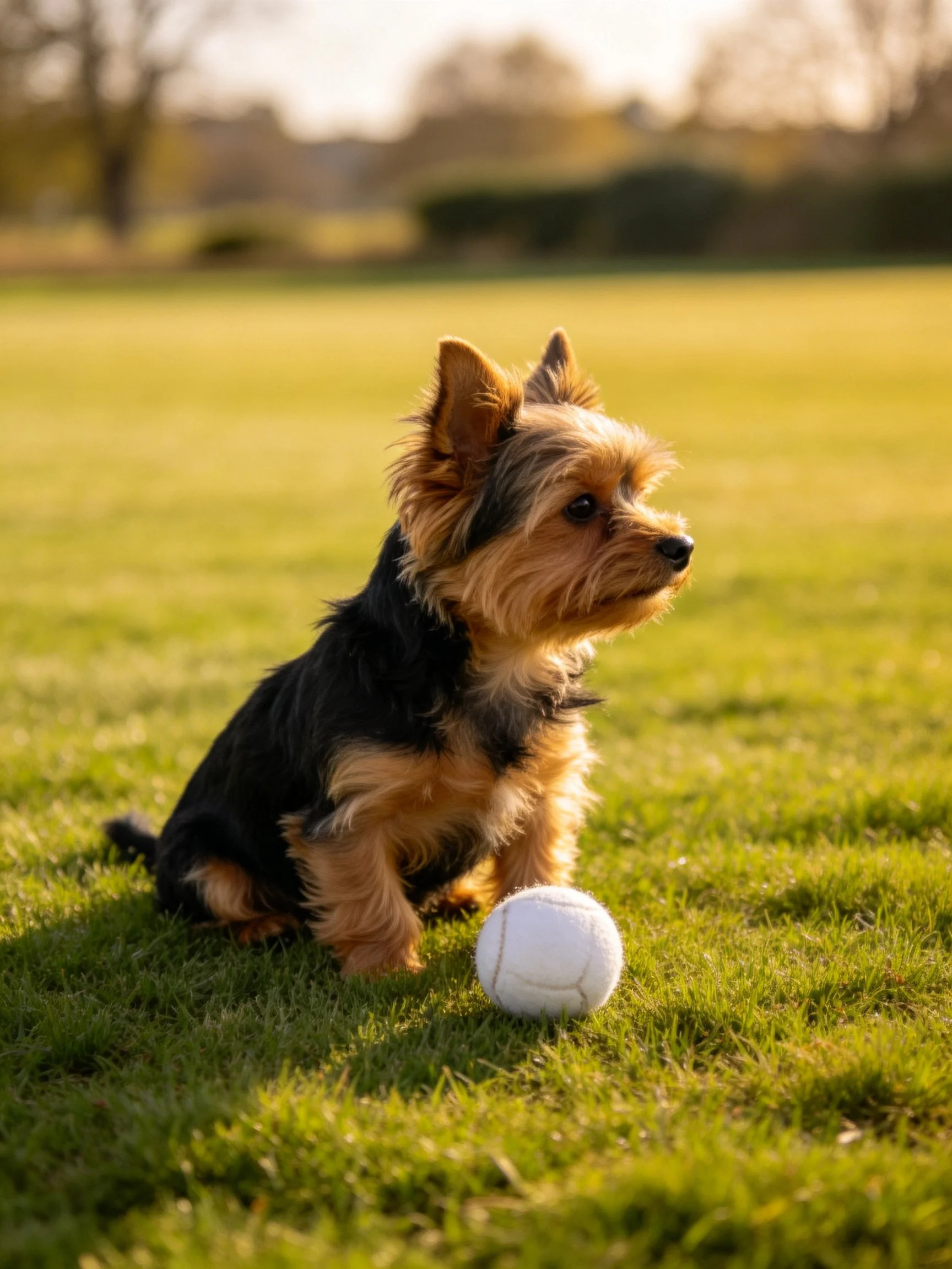 A small dog sits beside a ball on a grassy field during daylight.
