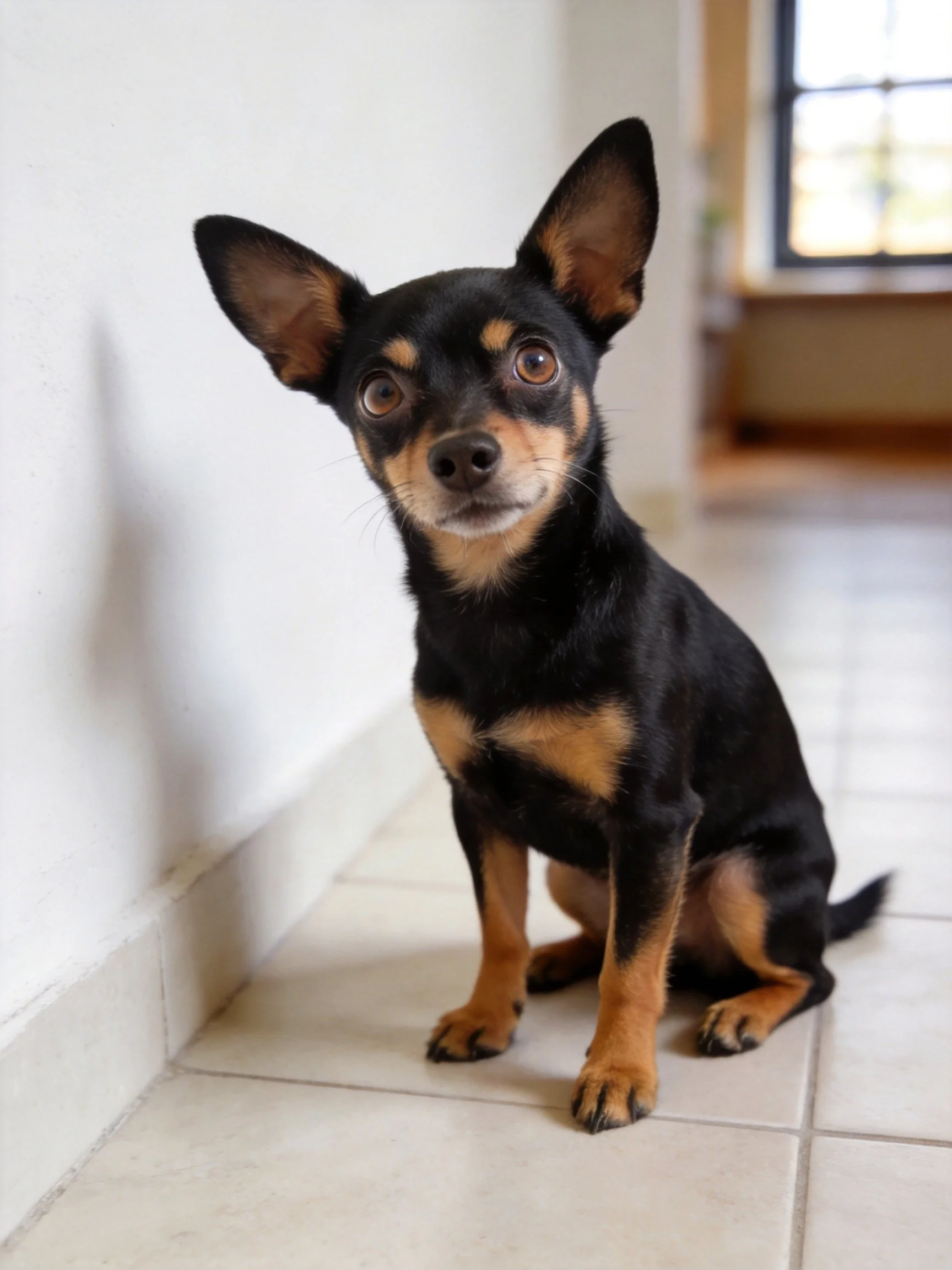 A small black and tan dog sits attentively near a white wall indoors.