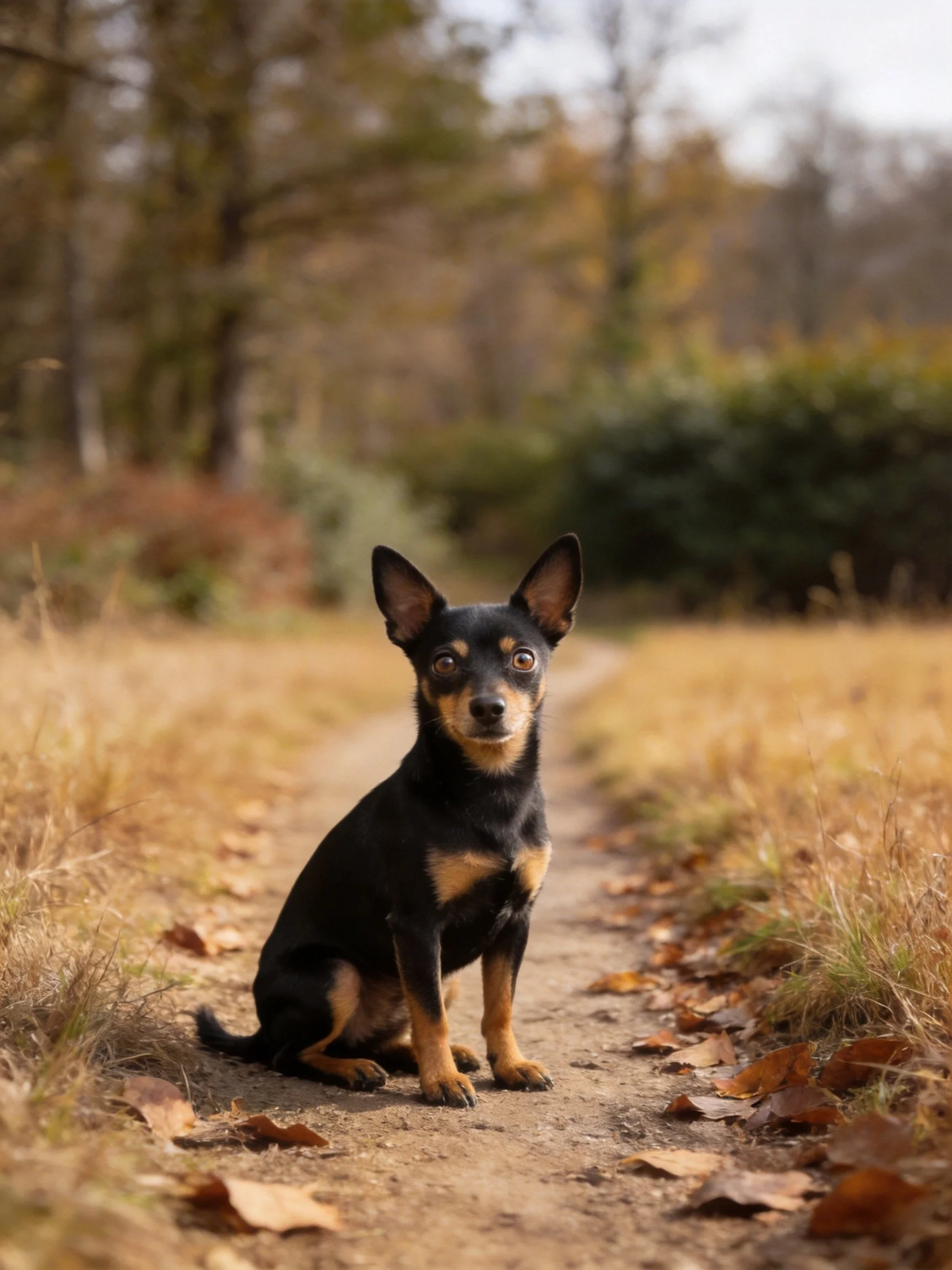 A small black and tan dog sits calmly on a dirt path surrounded by autumn foliage.