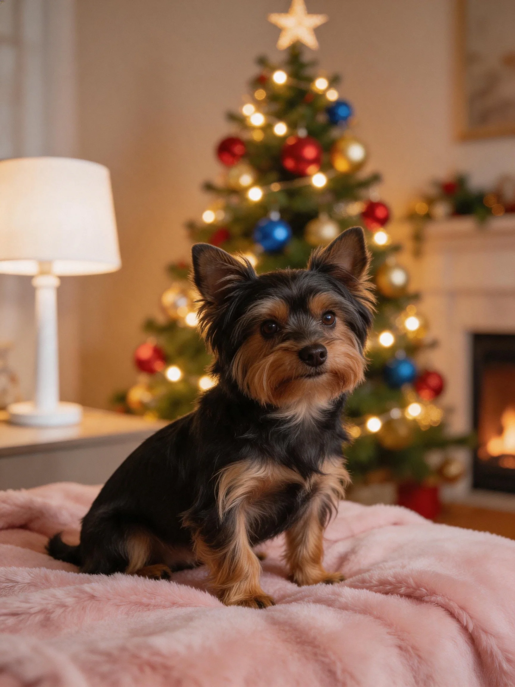 A small dog sits on a pink blanket next to a decorated Christmas tree.