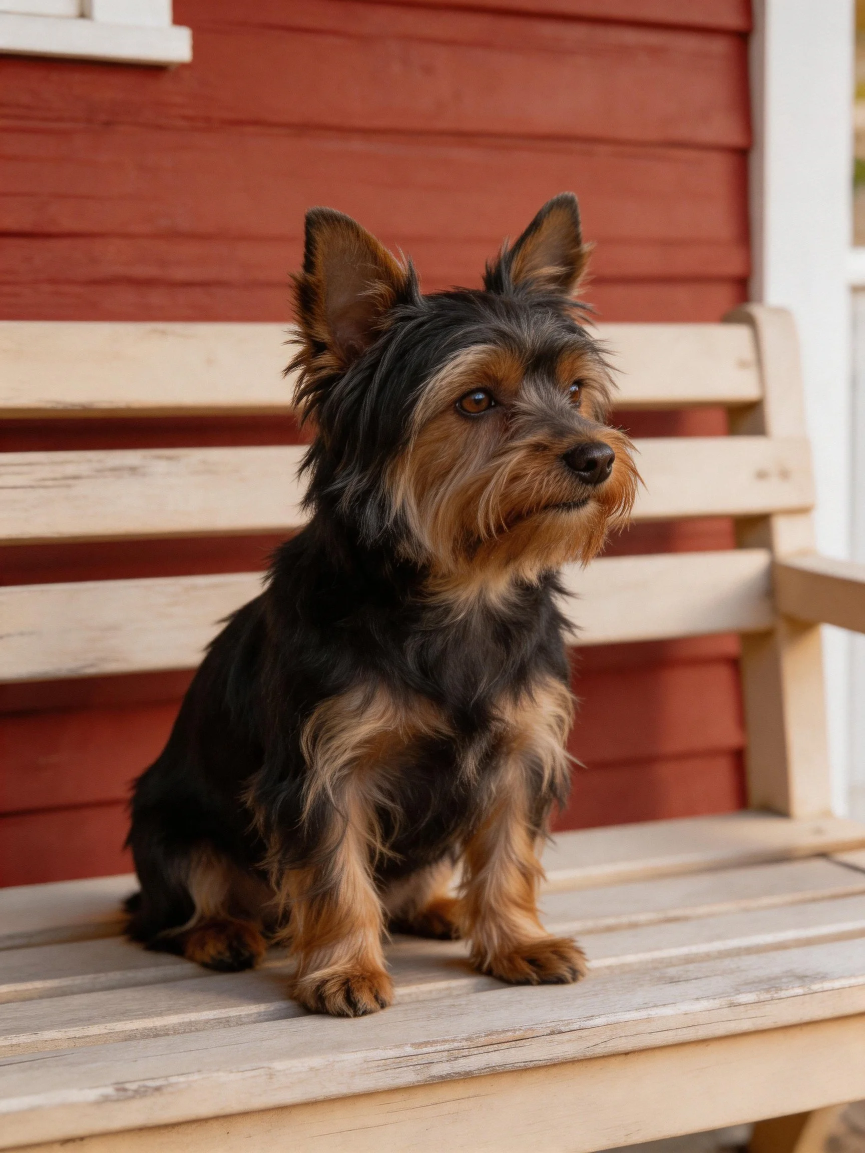 A small black and tan dog sits calmly on a wooden bench near a red wall.