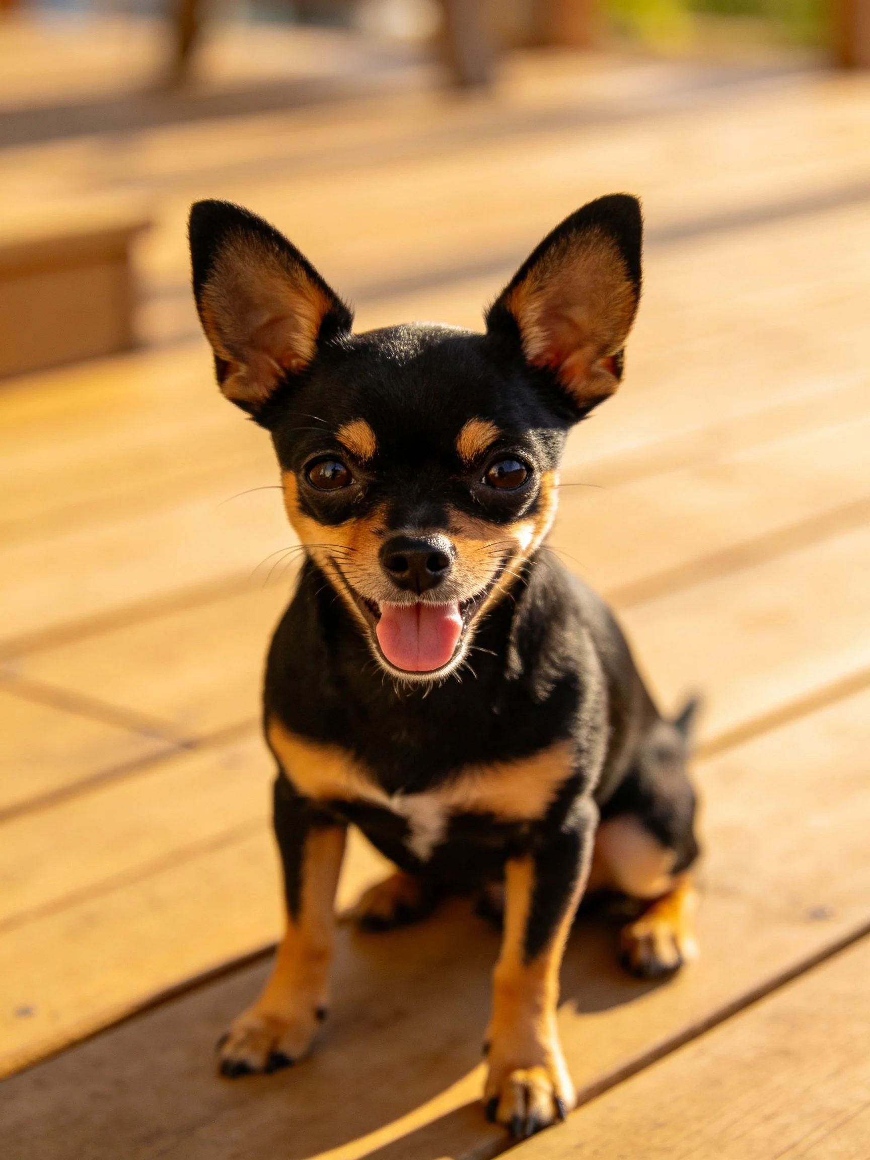 A small black and tan dog sits happily on a wooden deck.