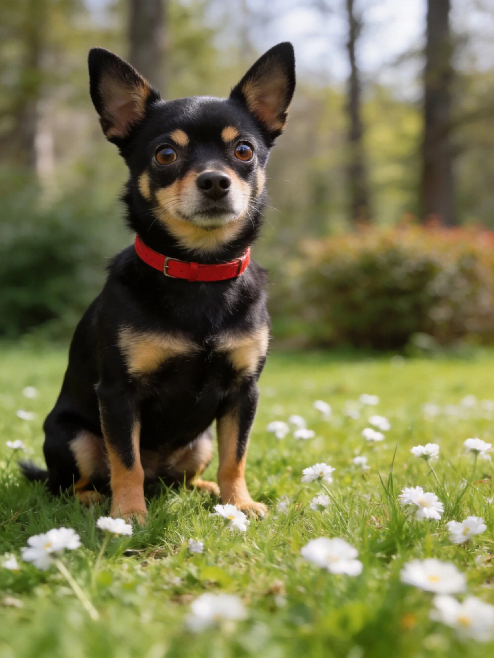 A small black and tan dog sits calmly among white flowers outdoors.