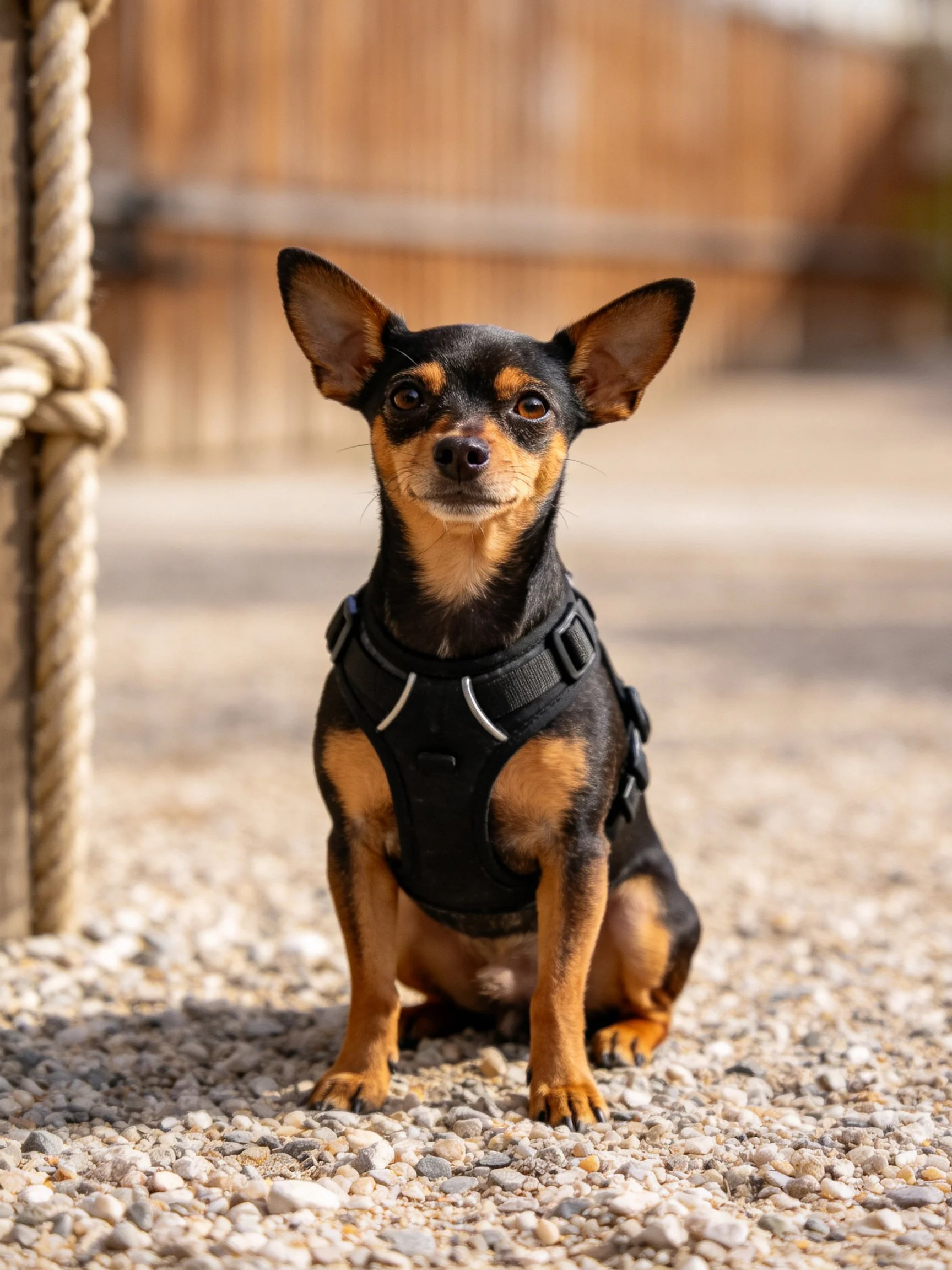 A small black and tan dog sits calmly on gravel near a rope structure.