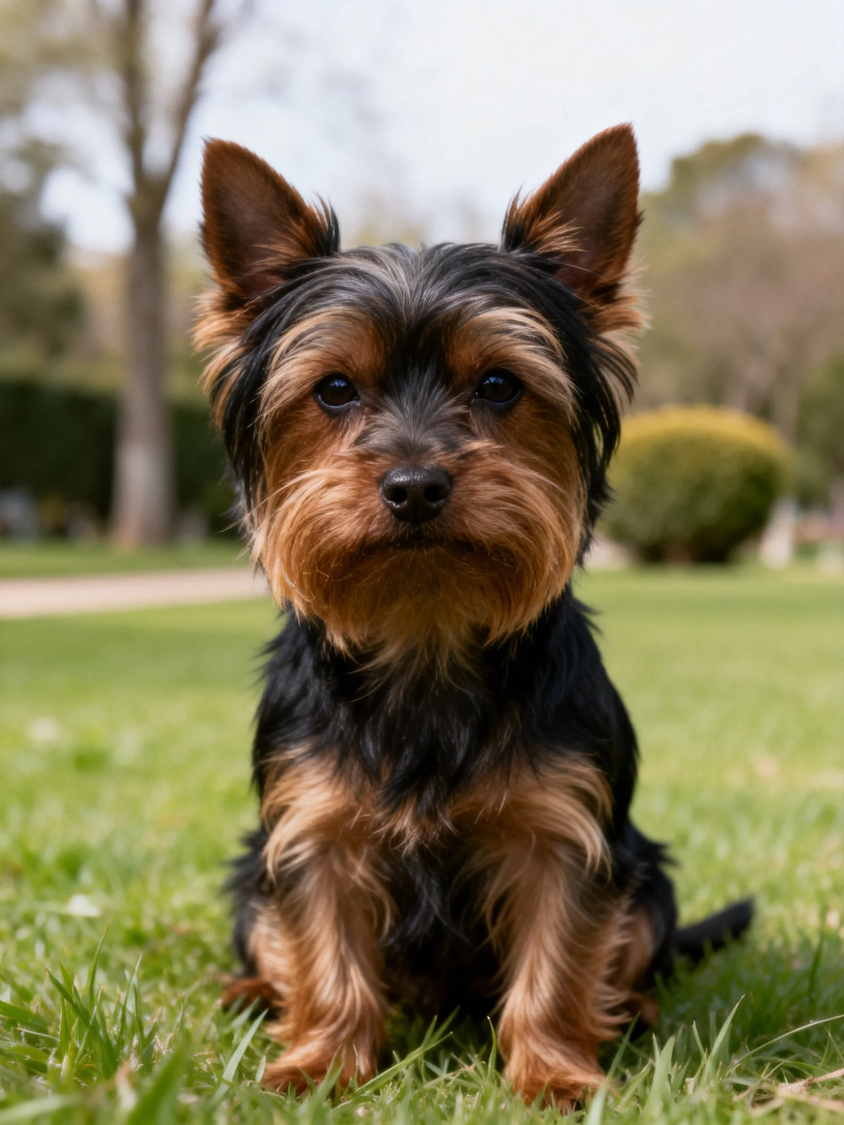 A small black and tan dog sits calmly on grass in a sunny outdoor setting