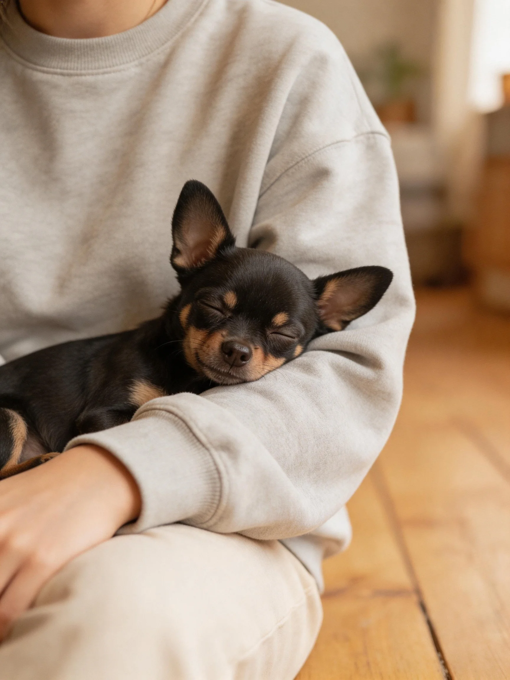 A small dog sleeps peacefully in someone’s arms.