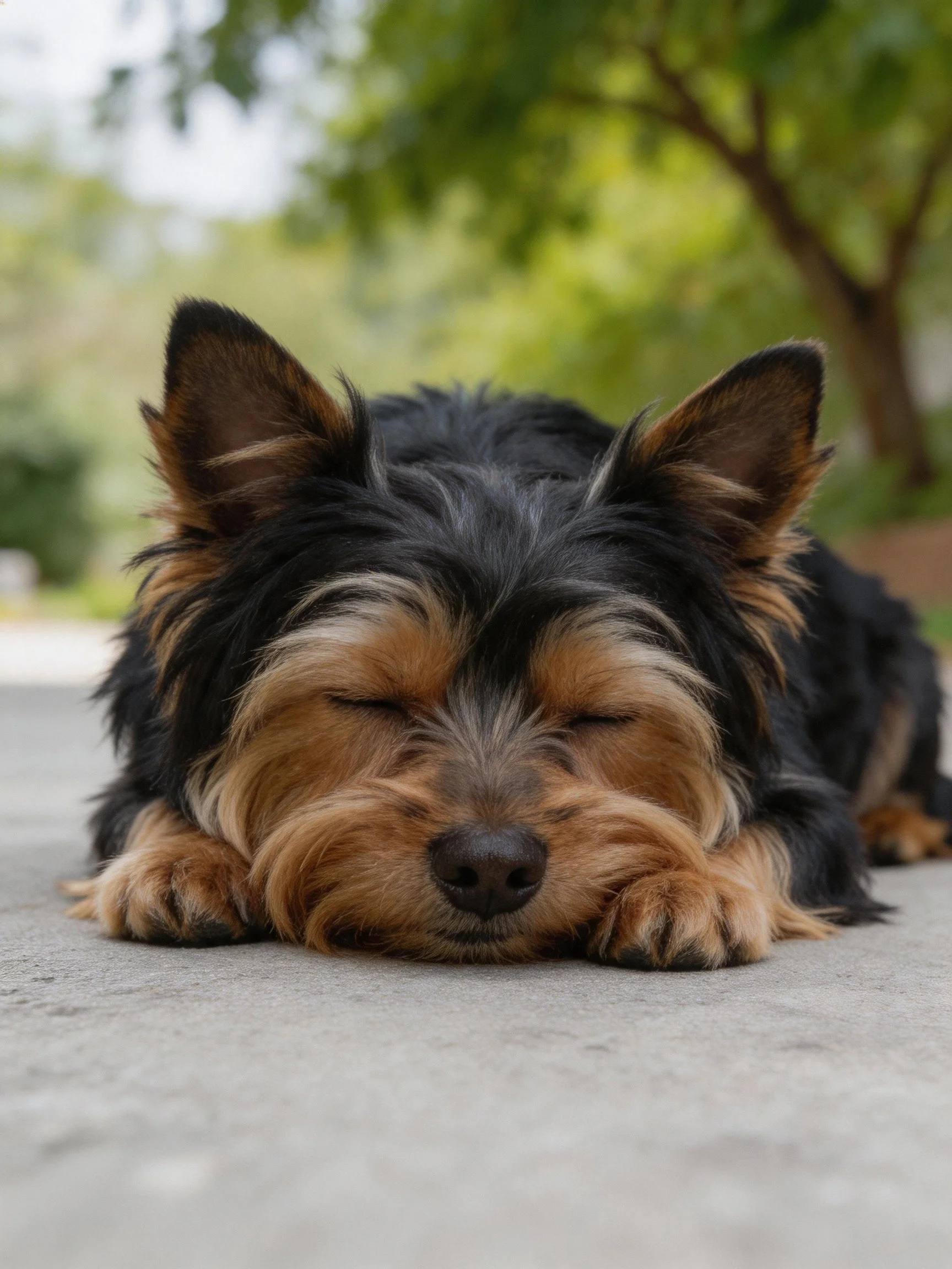 A small black and tan dog rests on a concrete surface.