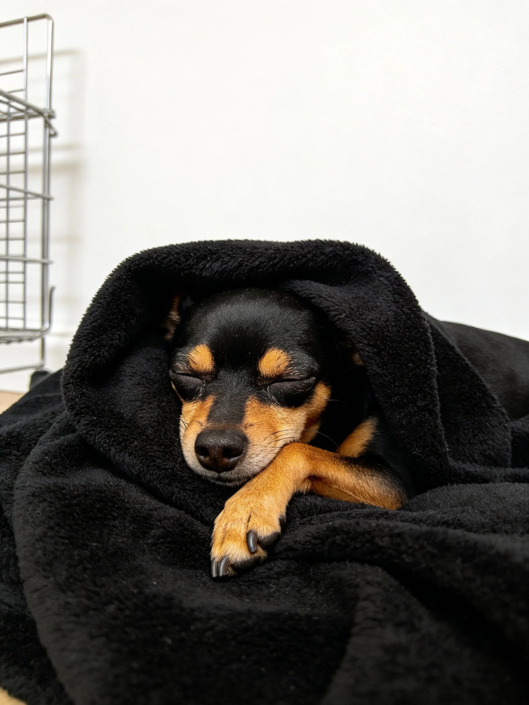 A small dog rests under a black towel in a room with a metalrack nearby