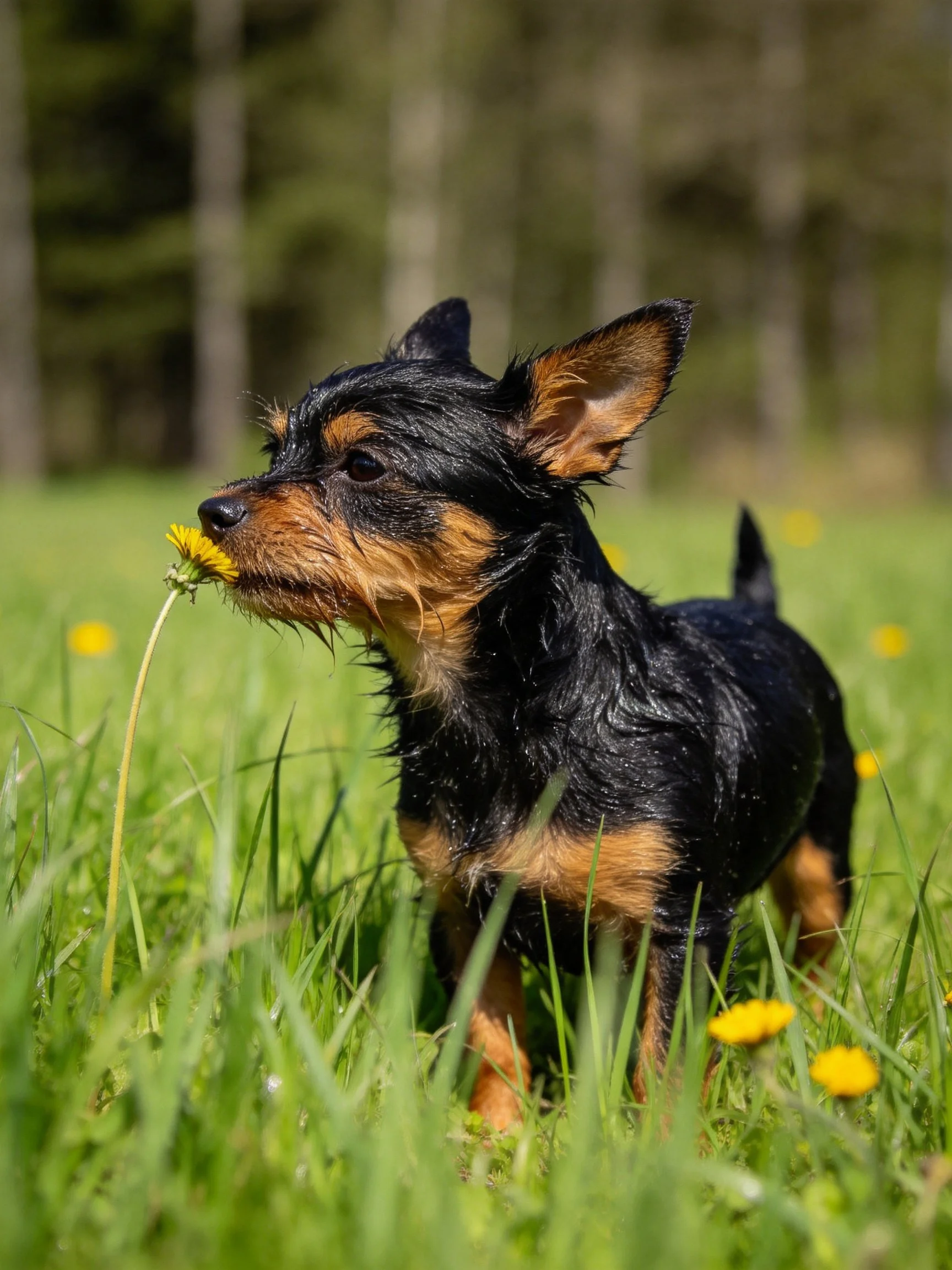 A small dog explores a grassy field while sniffing a dandelion.