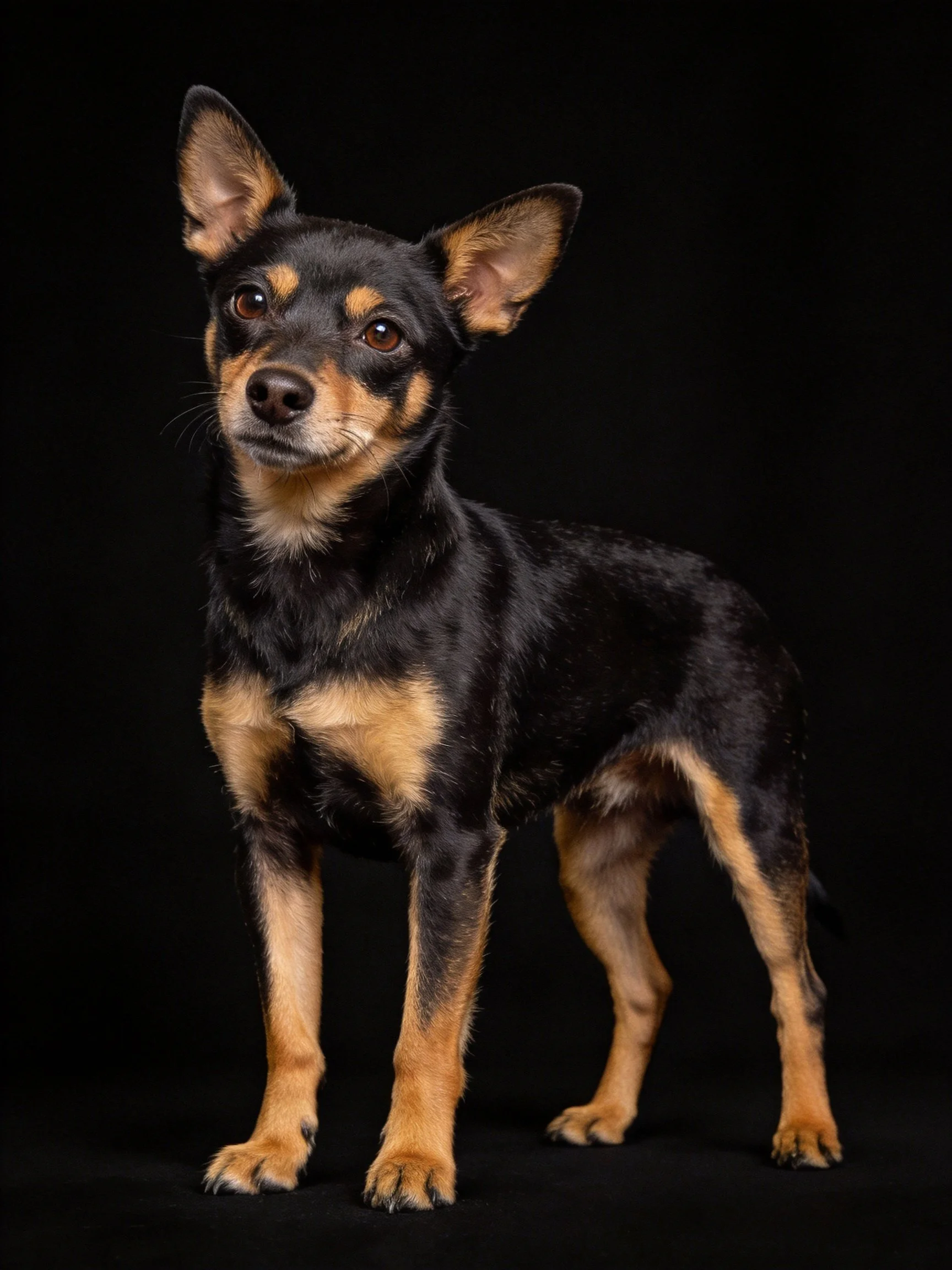 A small black and tan dog stands alertly against a solid black backdrop.