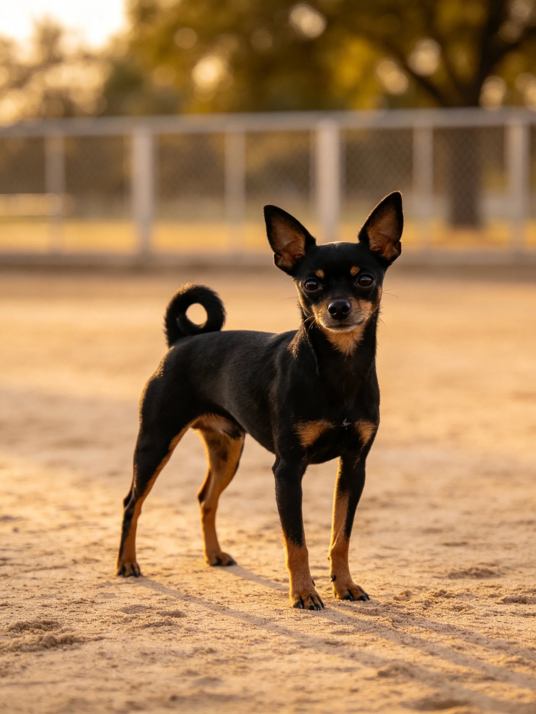 A small black and tan dog stands alert on sandy ground in an outdoor area.