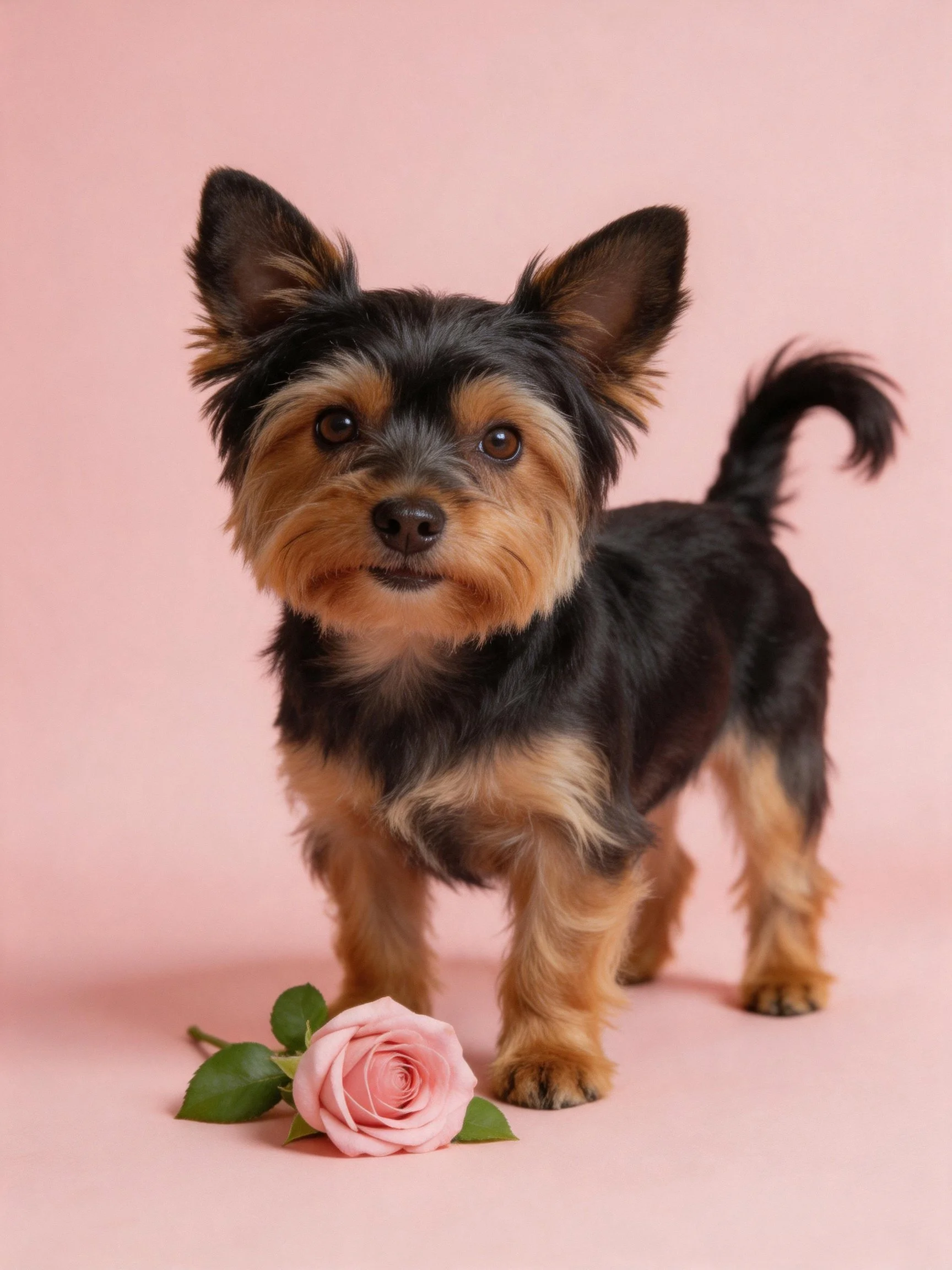 A small black and tan dog stands beside a pink rose on a pink surface.
