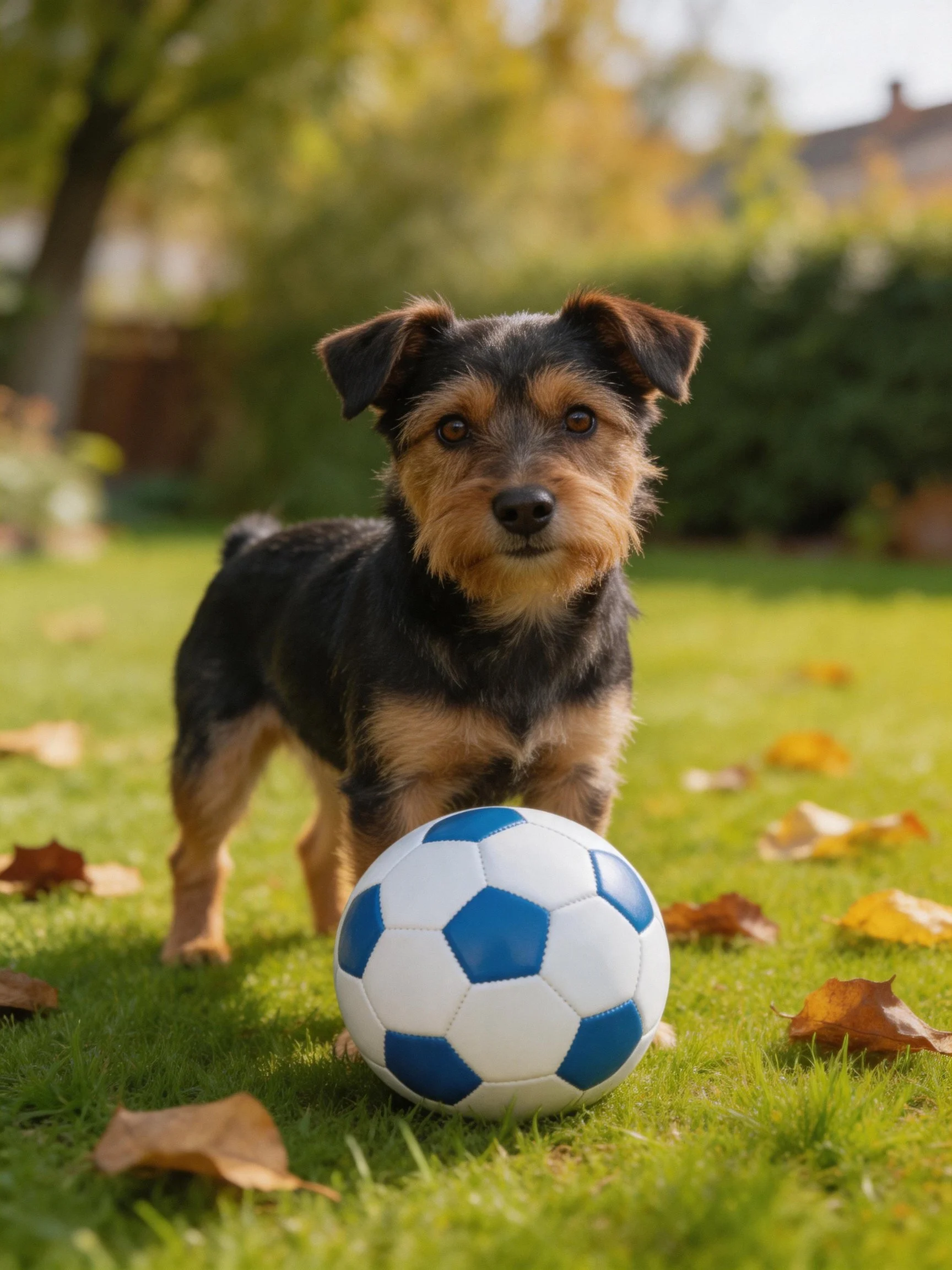 A small dog stands beside a soccer ball on a leaf-strewn grassy area.