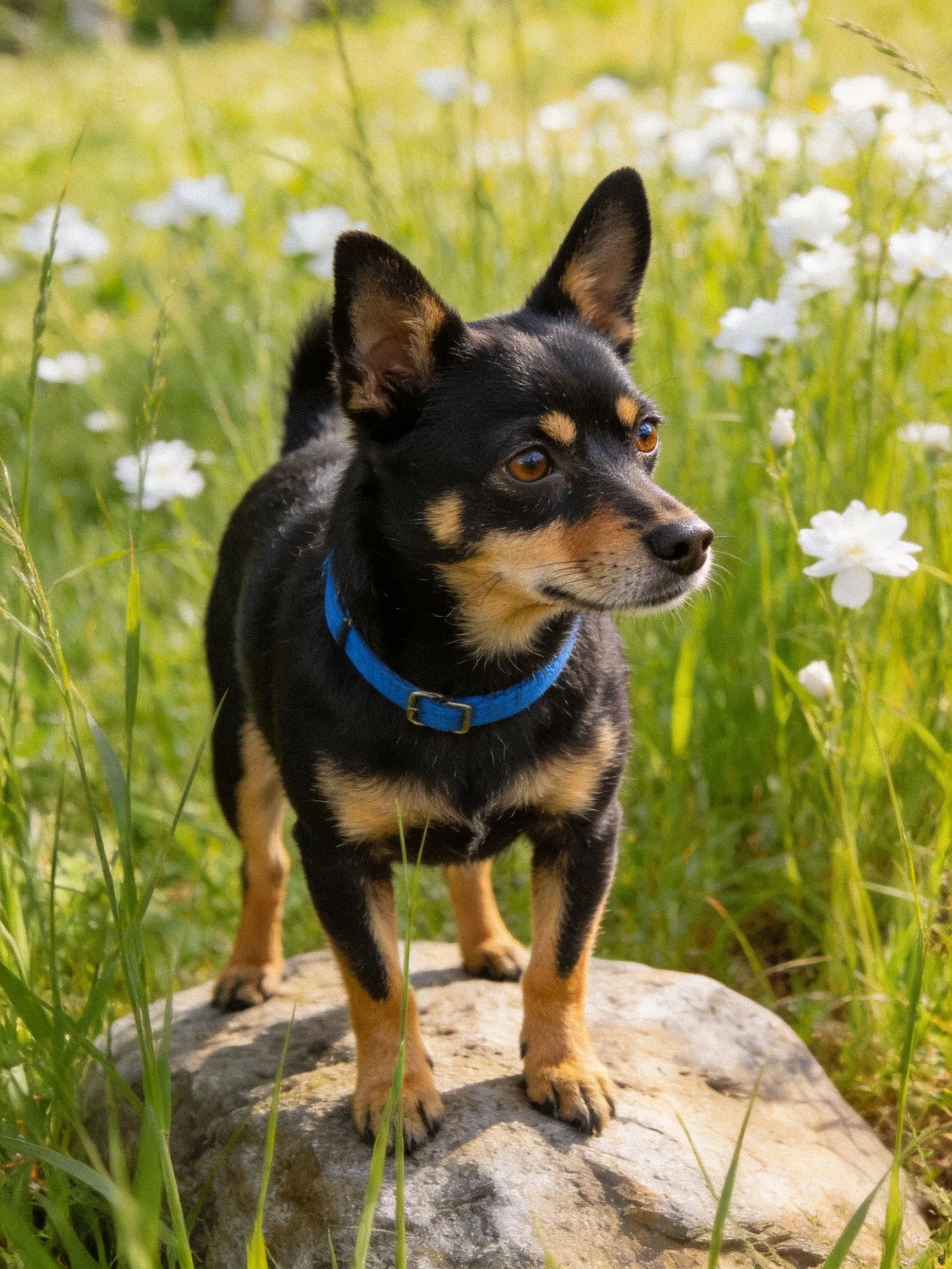 A small black and tan dog stands on a rock in a flower-filled meadow.