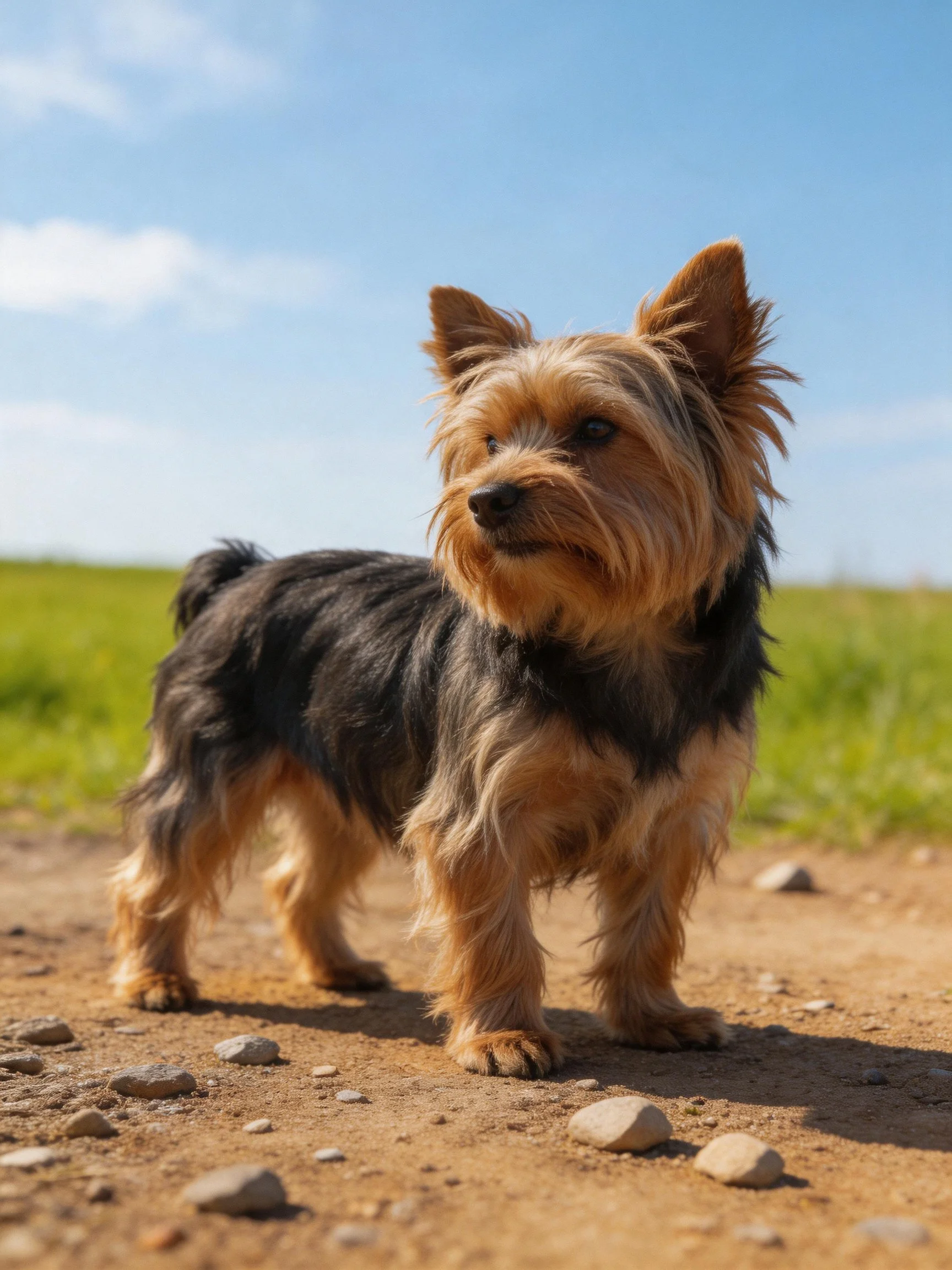 A small black and tan dog stands alertly on a sunny dirt path with green fields behind it.