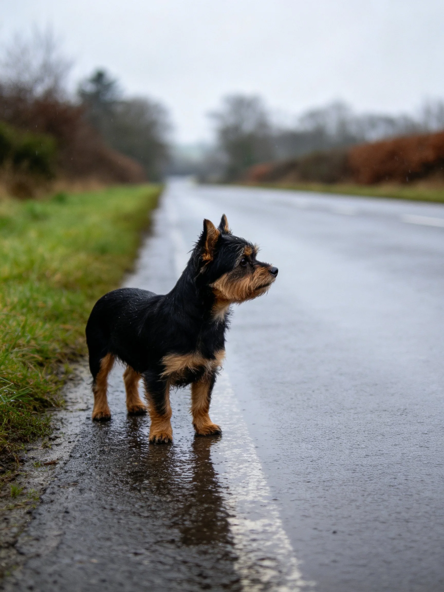 A small dog stands on a wet road near green grass.