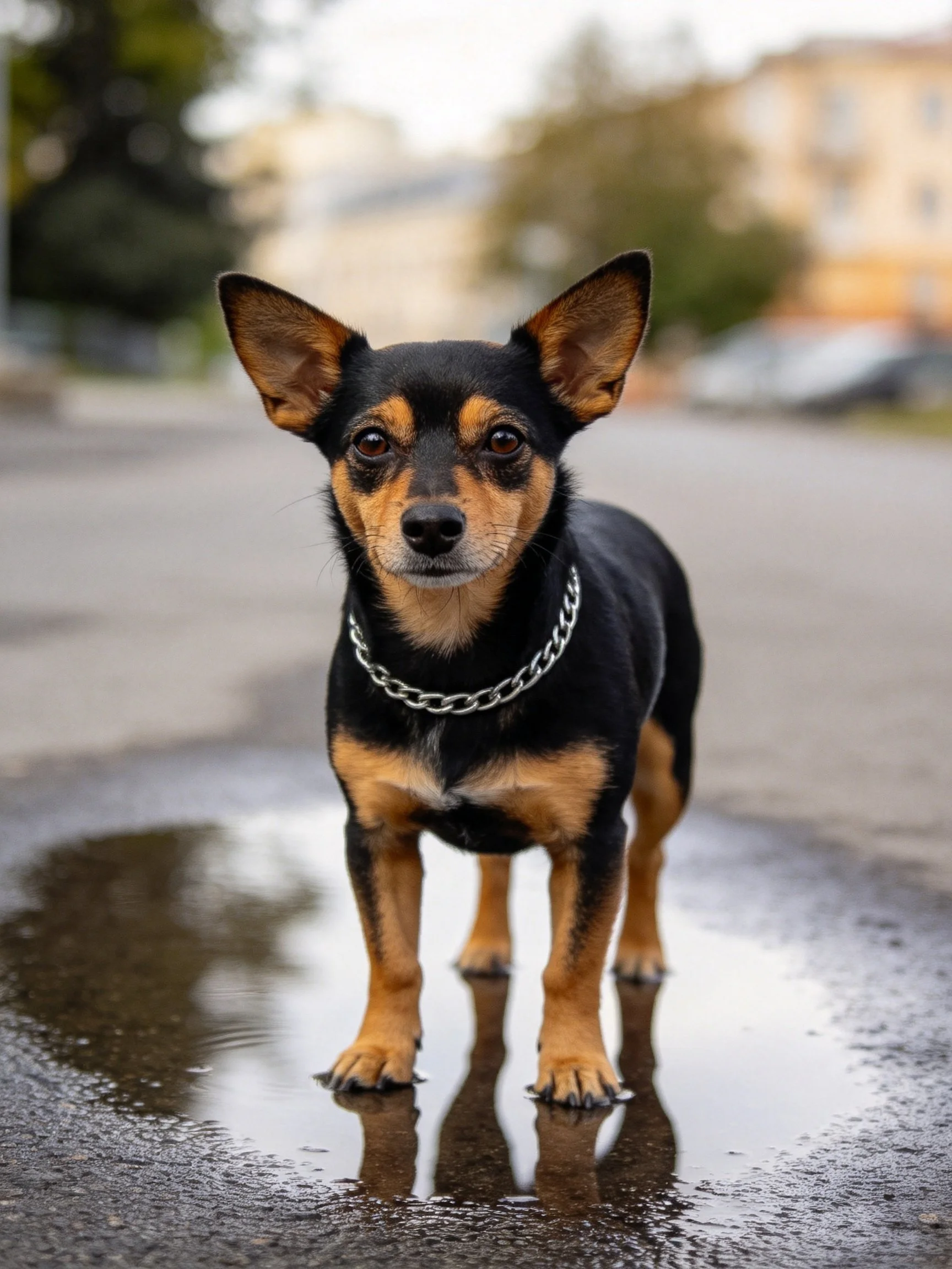 A small black and tan dog stands on a wet pavement.