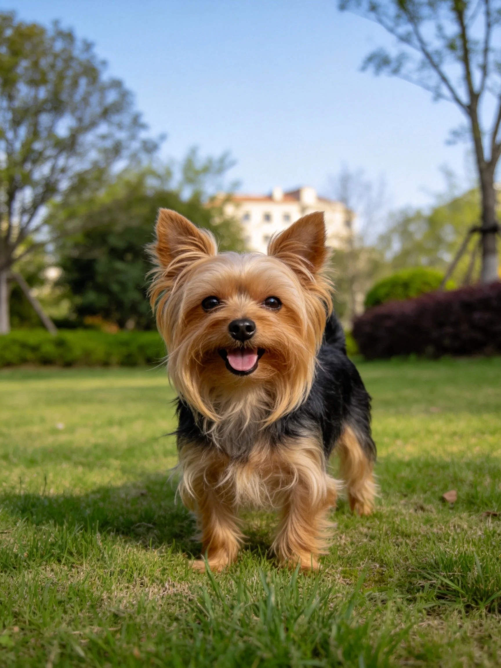 A small black and tan dog stands happily on grass in an outdoor park area.