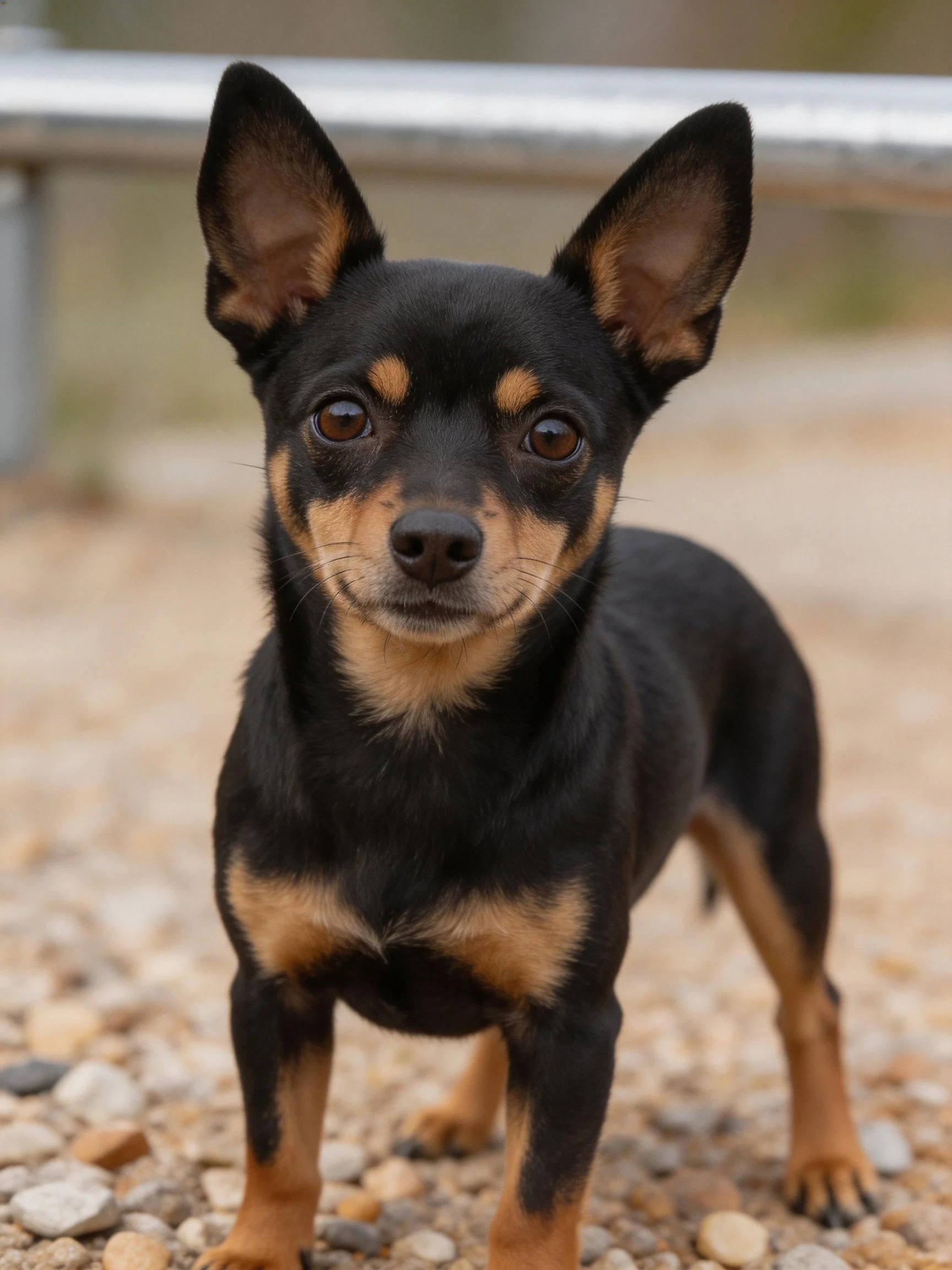 A small black and tan dog stands alert on pebbles beside a metal railing.