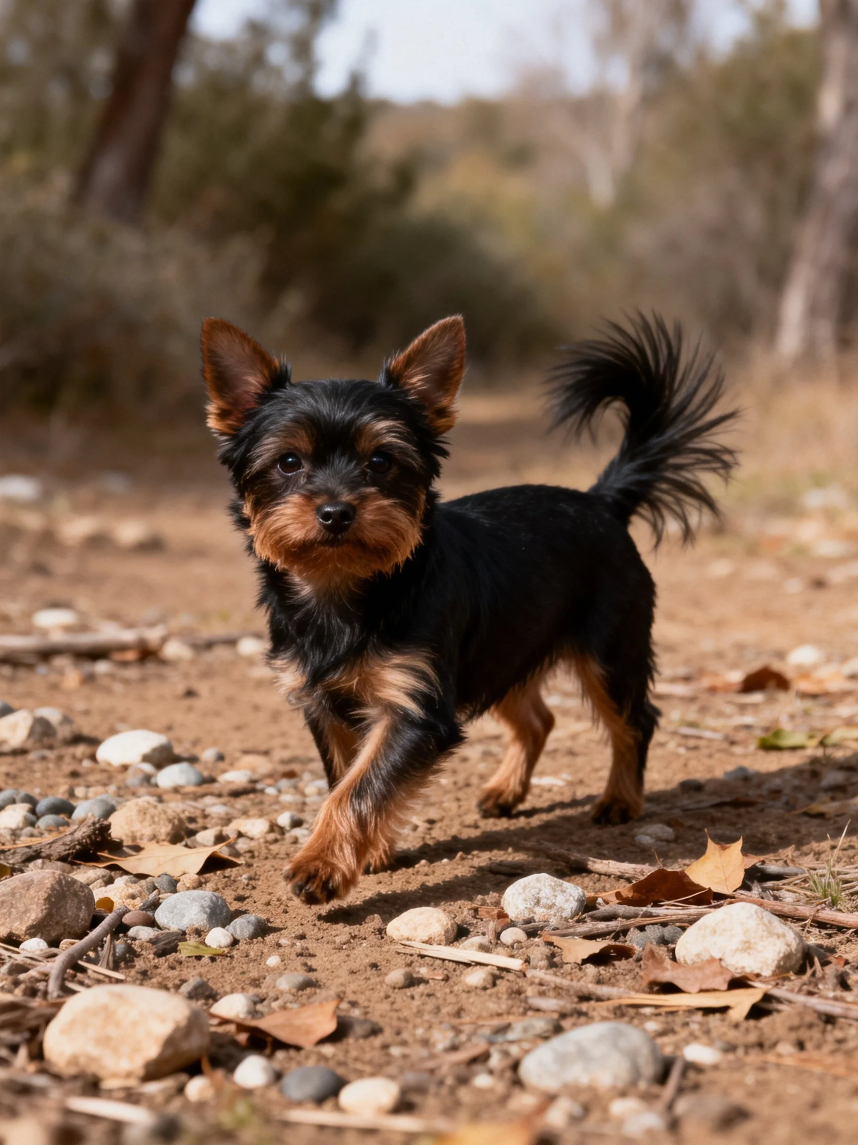 A small black and tan dog walks along a rocky dirt path in a natural outdoor setting.