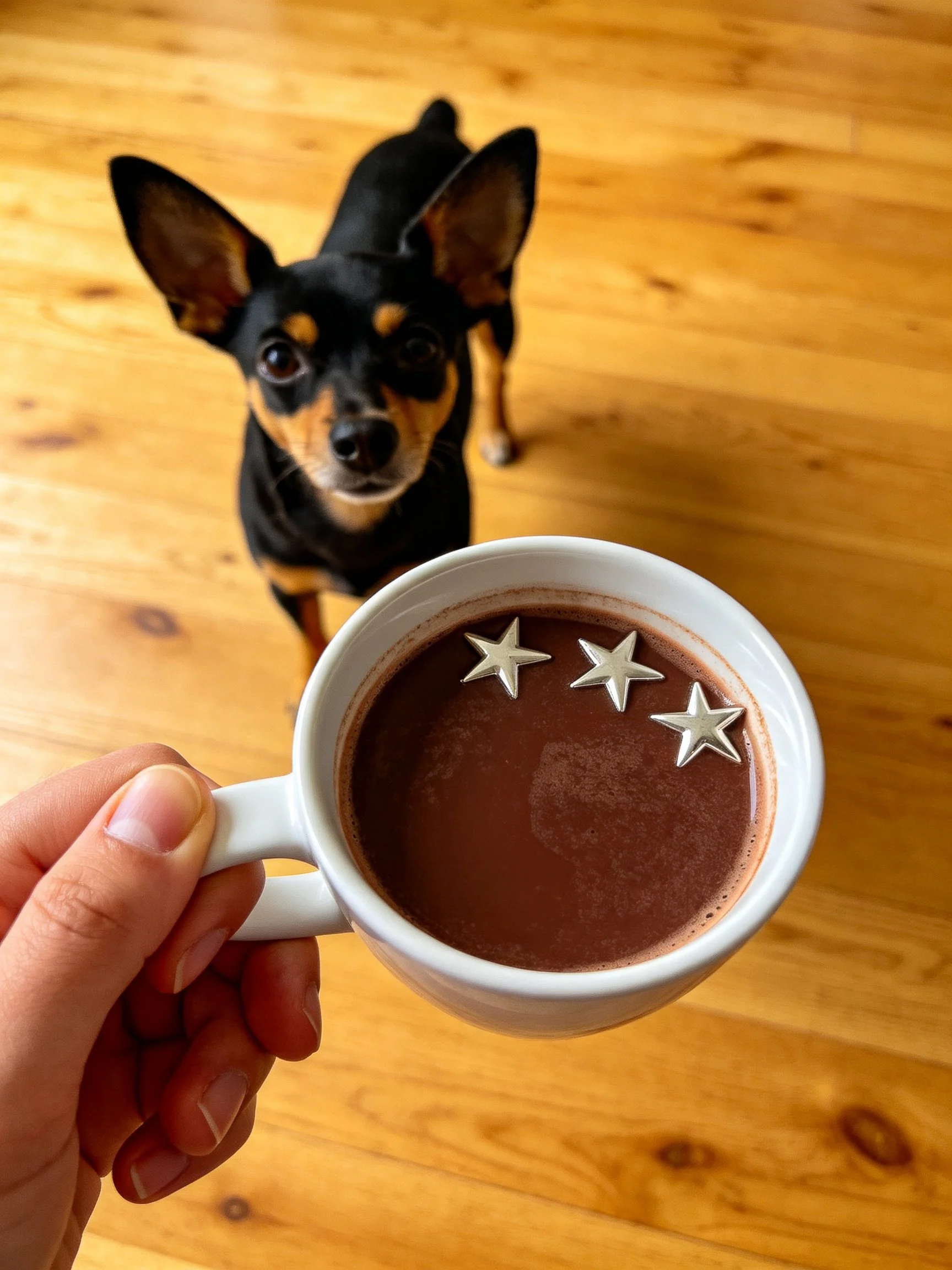 A small dog gazes upward toward a mug of decorated hot chocolate