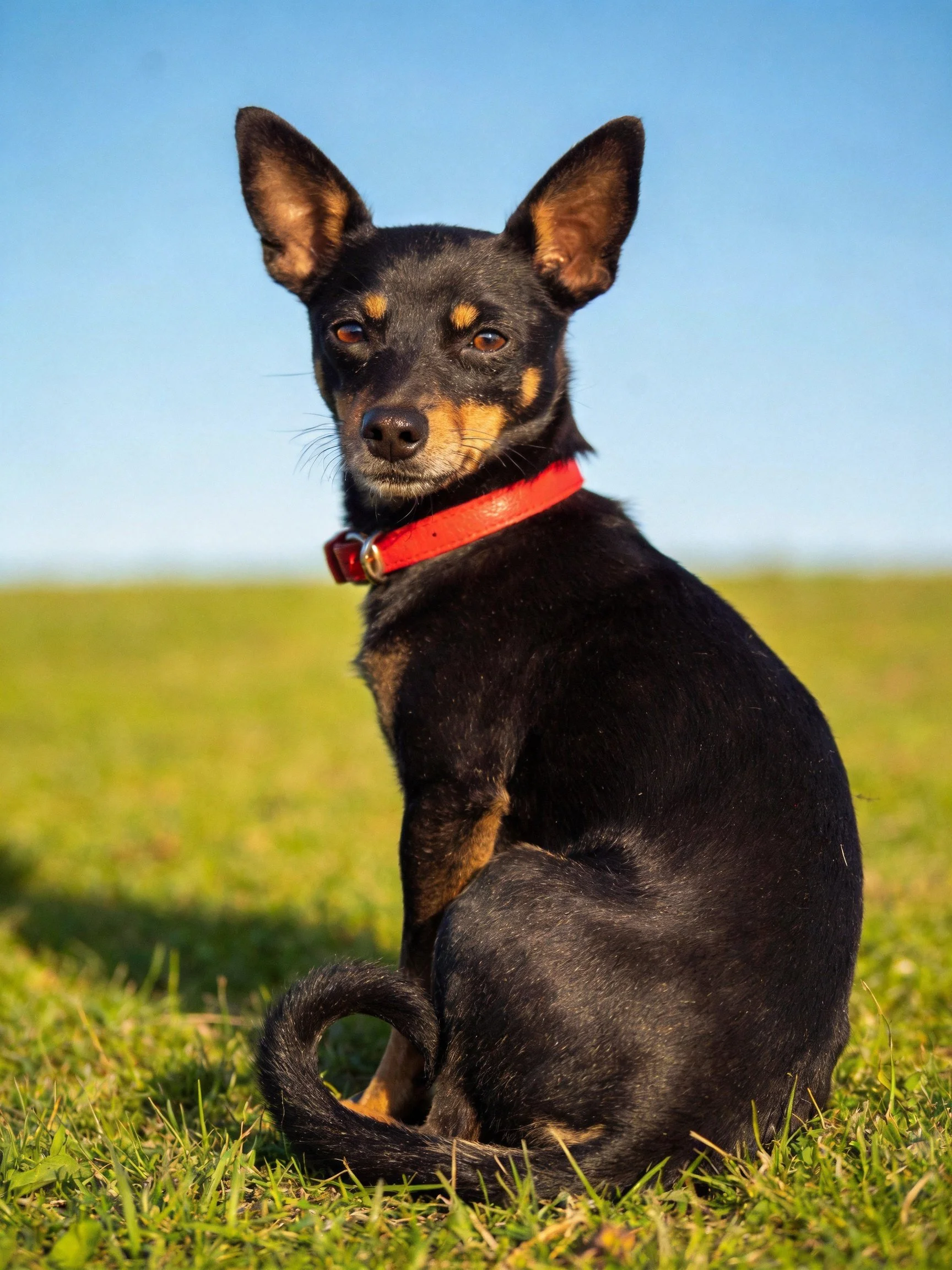 A small black and tan dog with a red collar sits on grass in a sunny field.