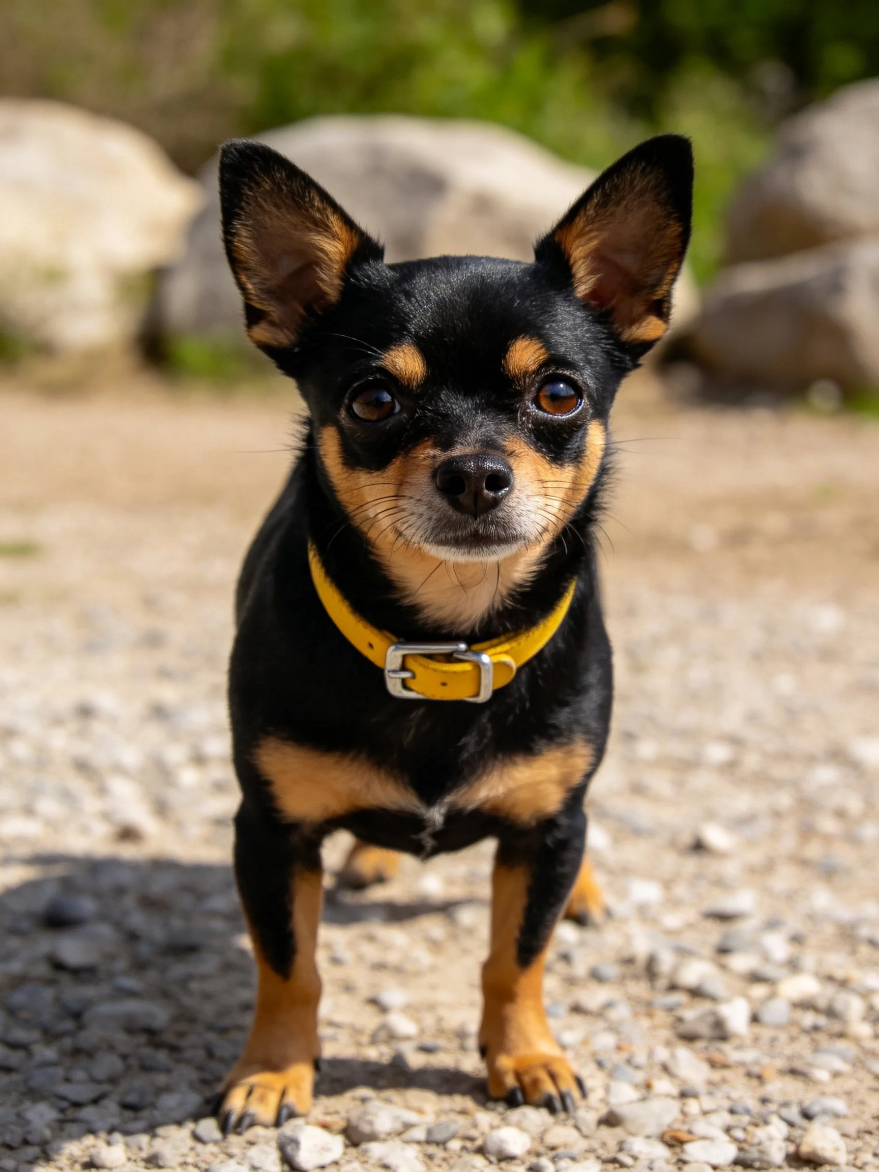 A small black and tan dog stands on gravel near rocks.
