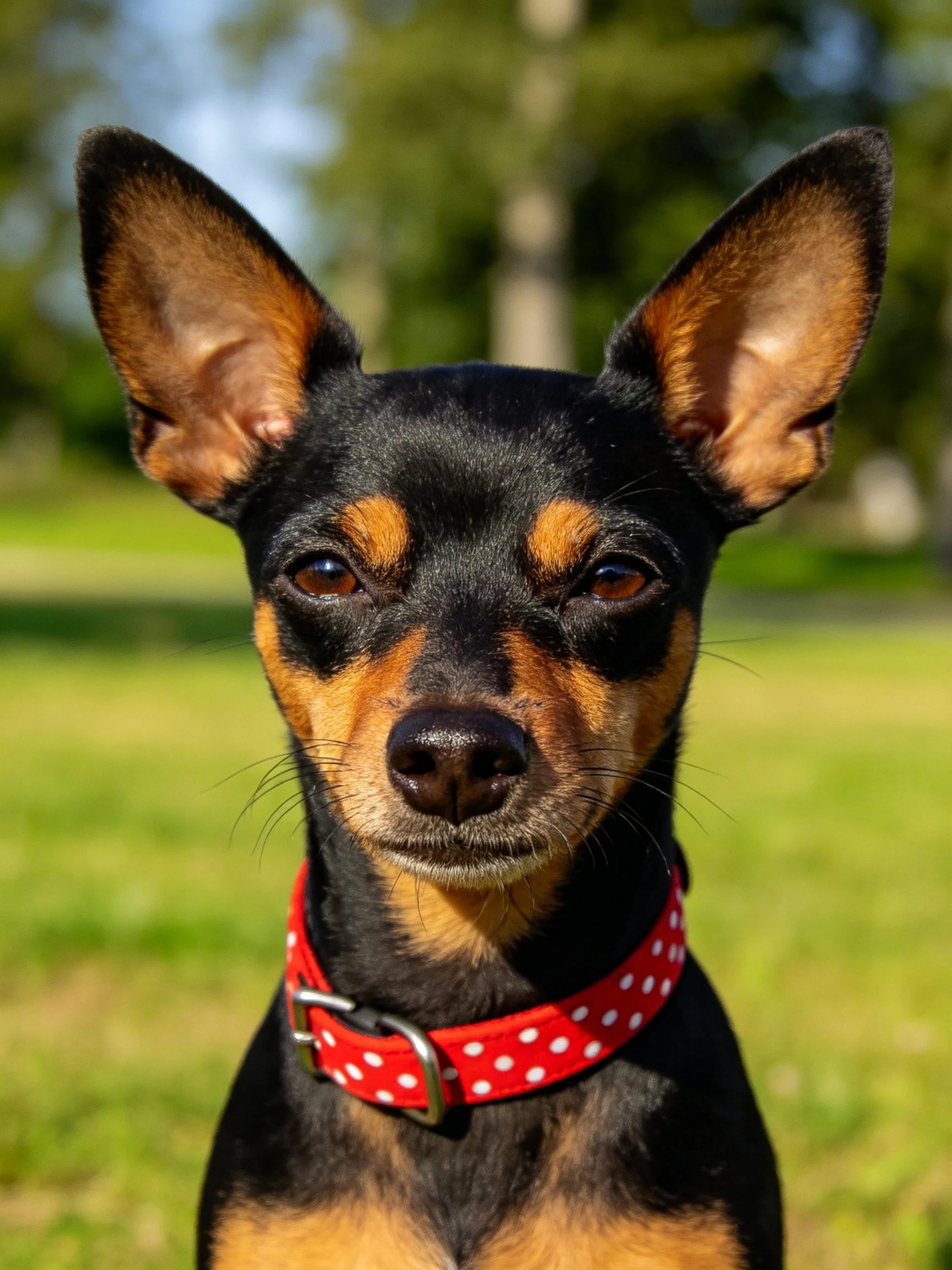 A small black and tan dog wearing a red polka dot collar outdoors