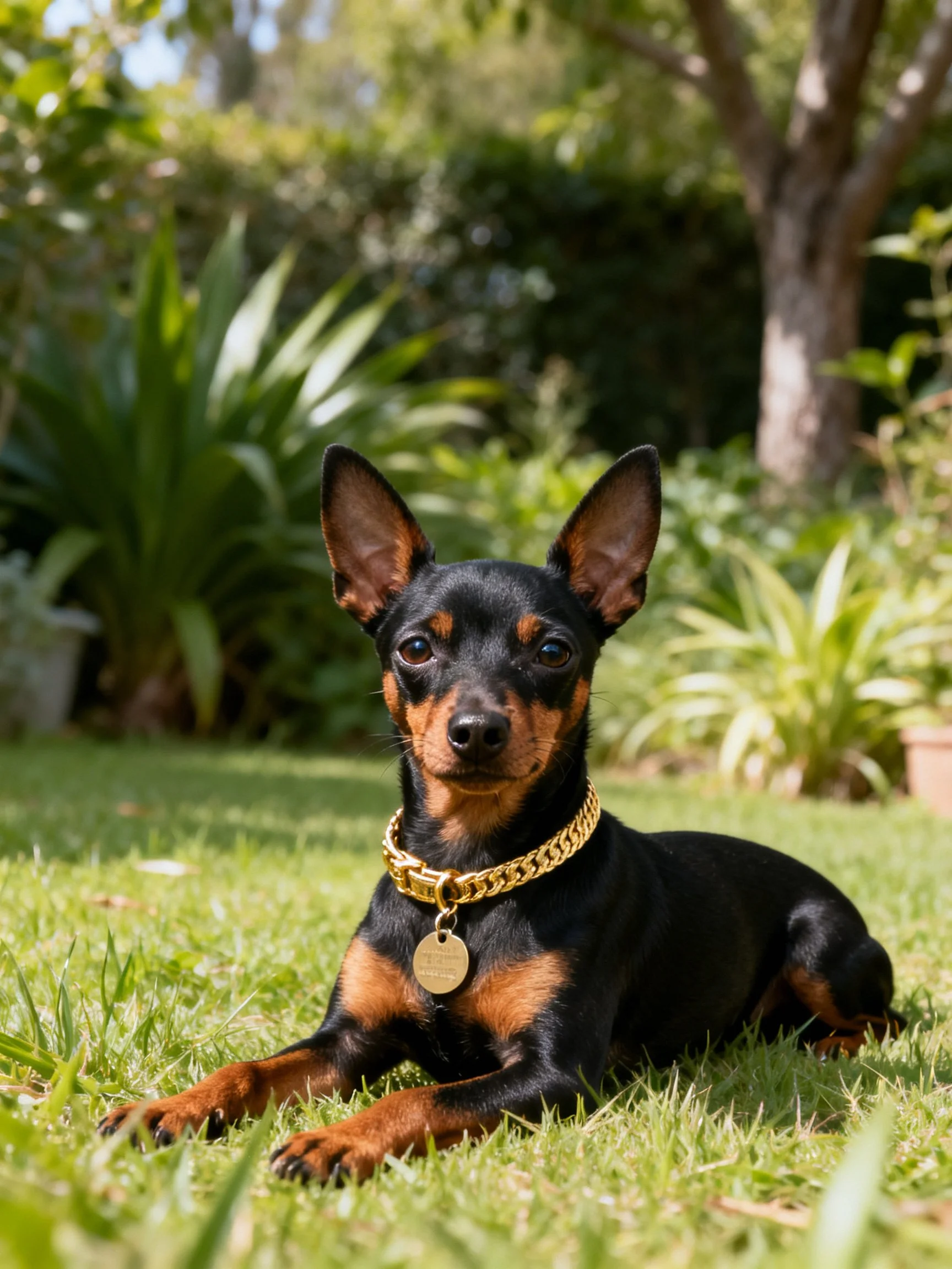 A small dog with a gold collar rests on grass in a garden setting.