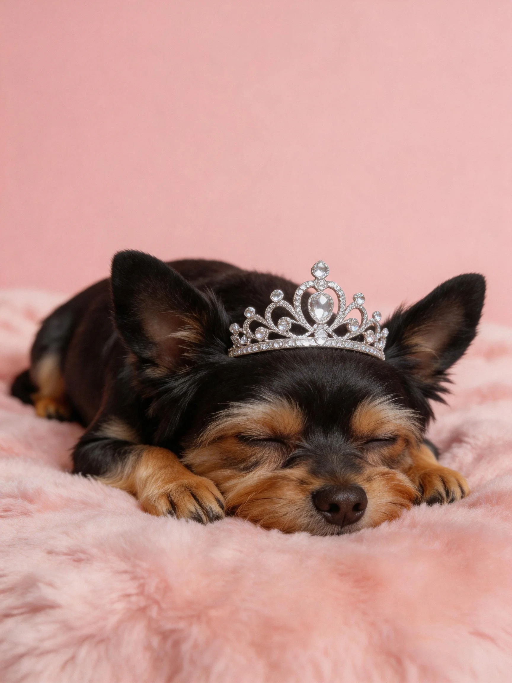A small dog sleeps peacefully while wearing a tiara on a pink blanket