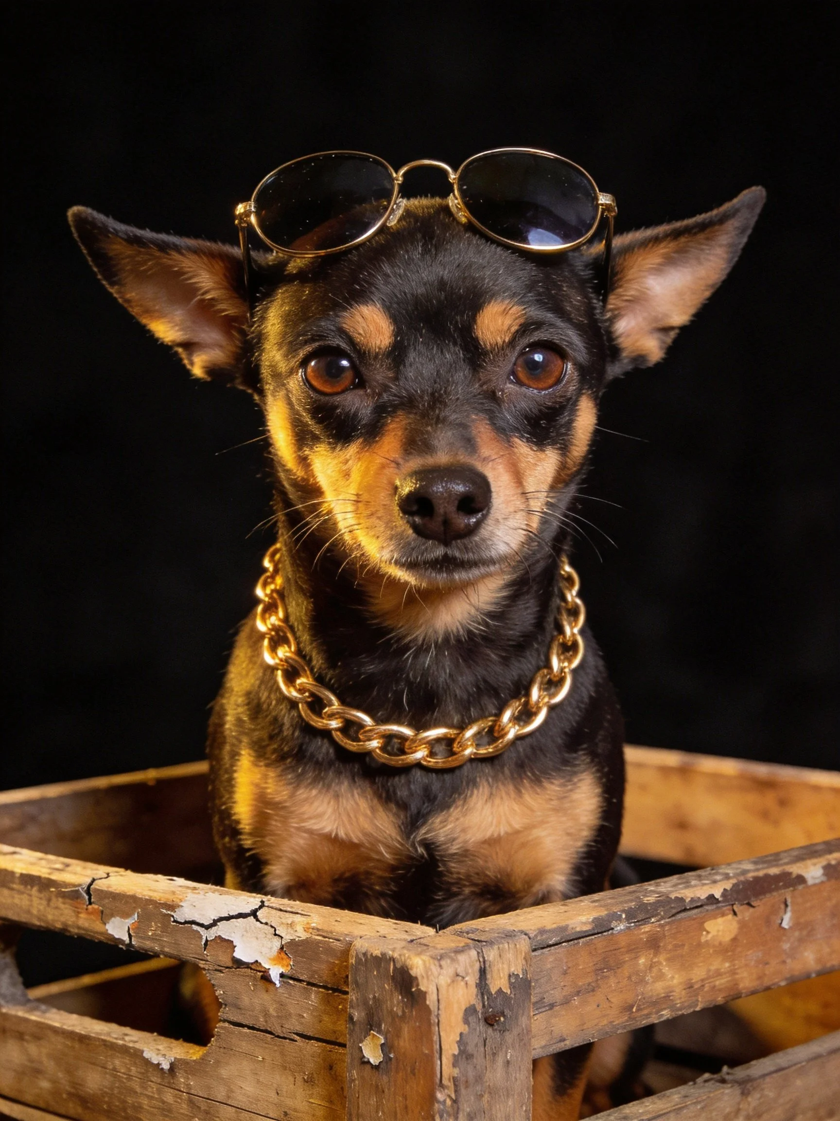 A small dog with sunglasses and a gold chain sits in a worn wooden crate