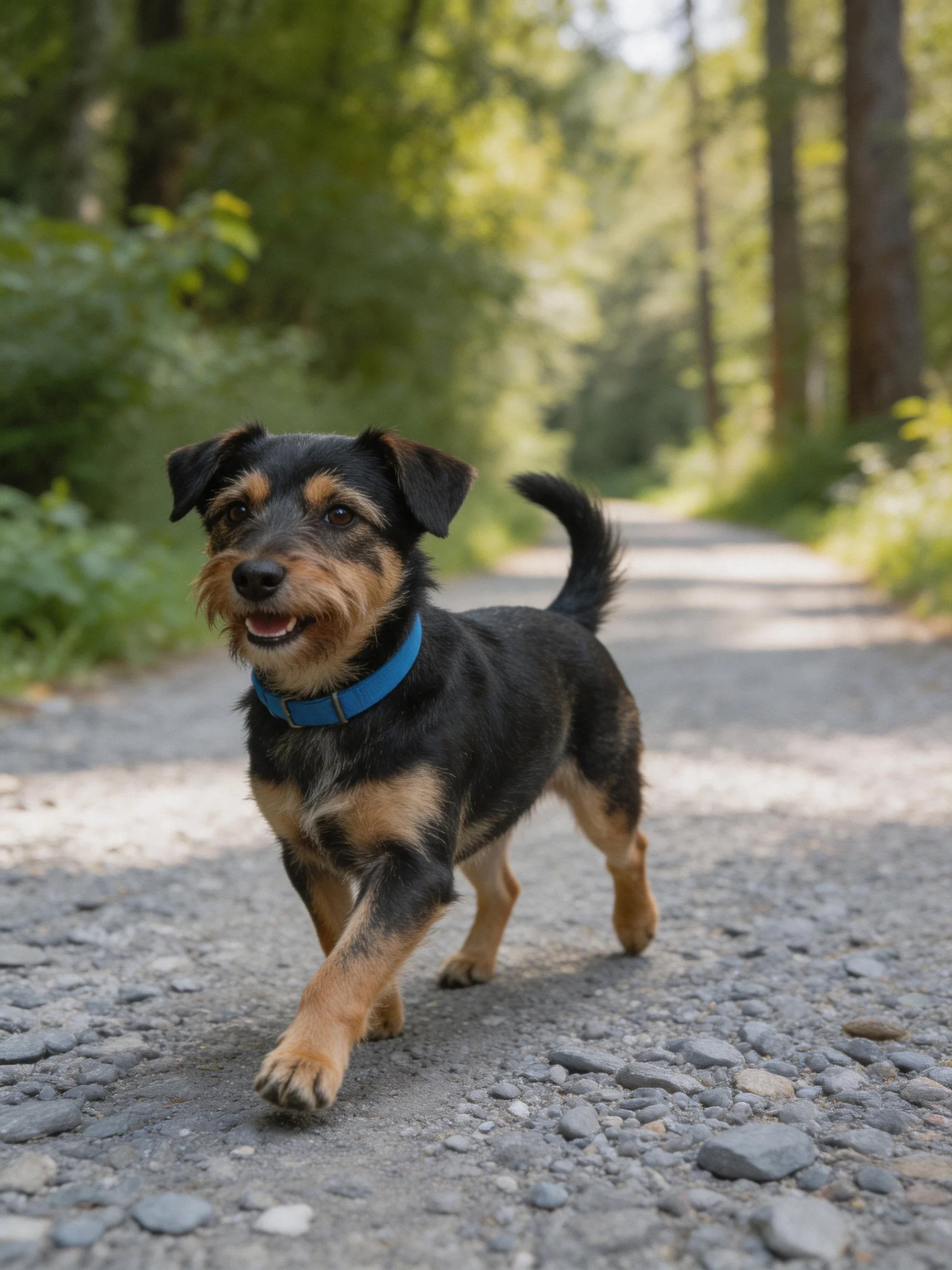 A small black and tan dog with a blue collar walks along a sunlit gravel path.