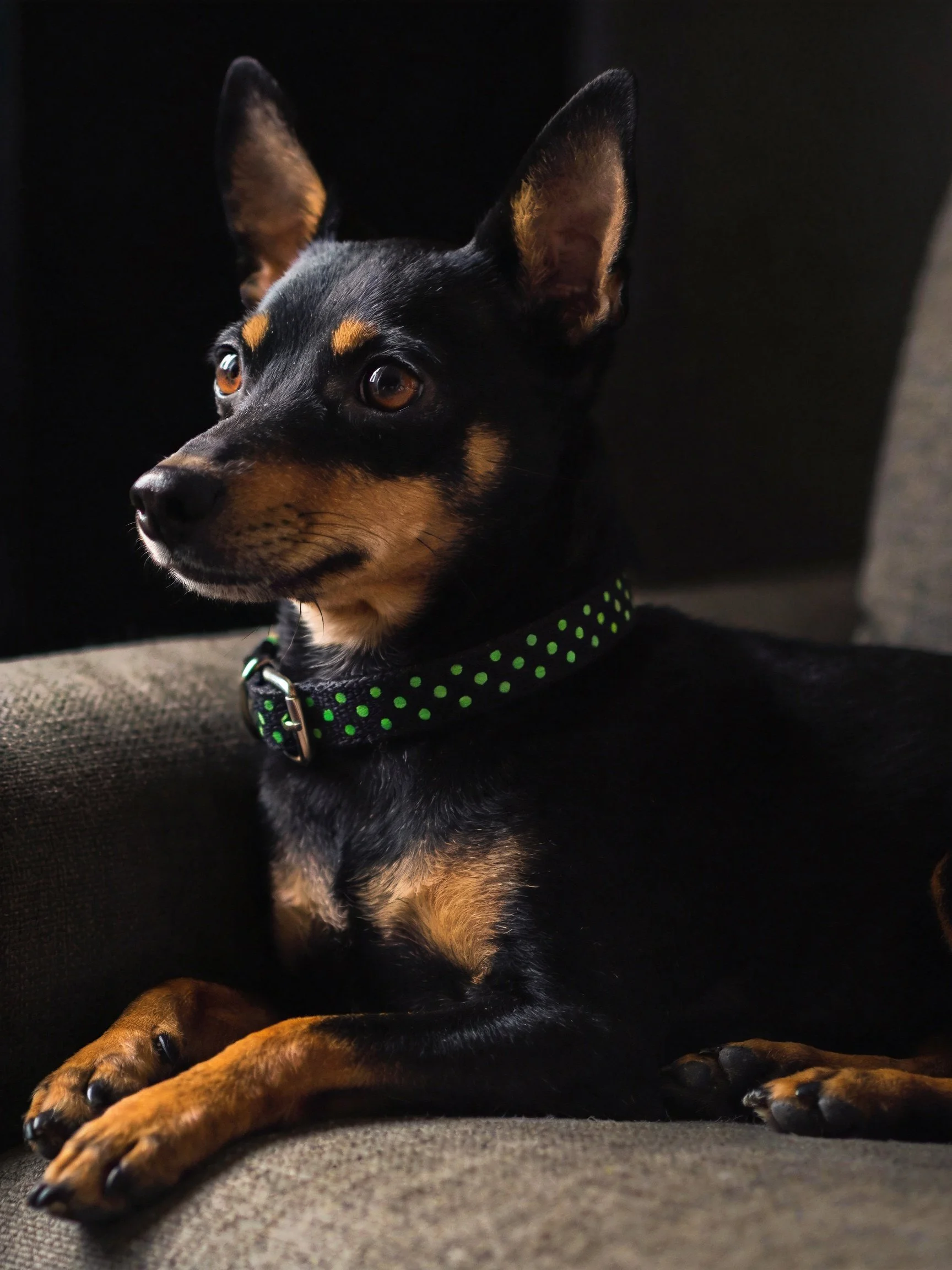A small black and tan dog with a green polka dot collar relaxes on a couch.