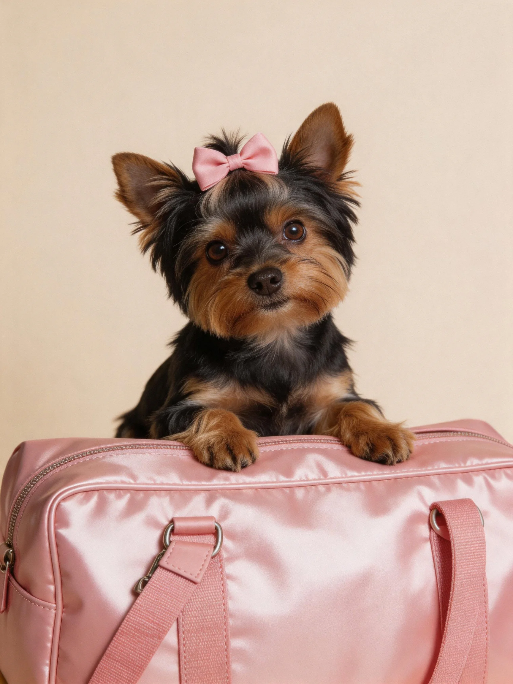 A small dog with a pink bow is positioned on a pink bag