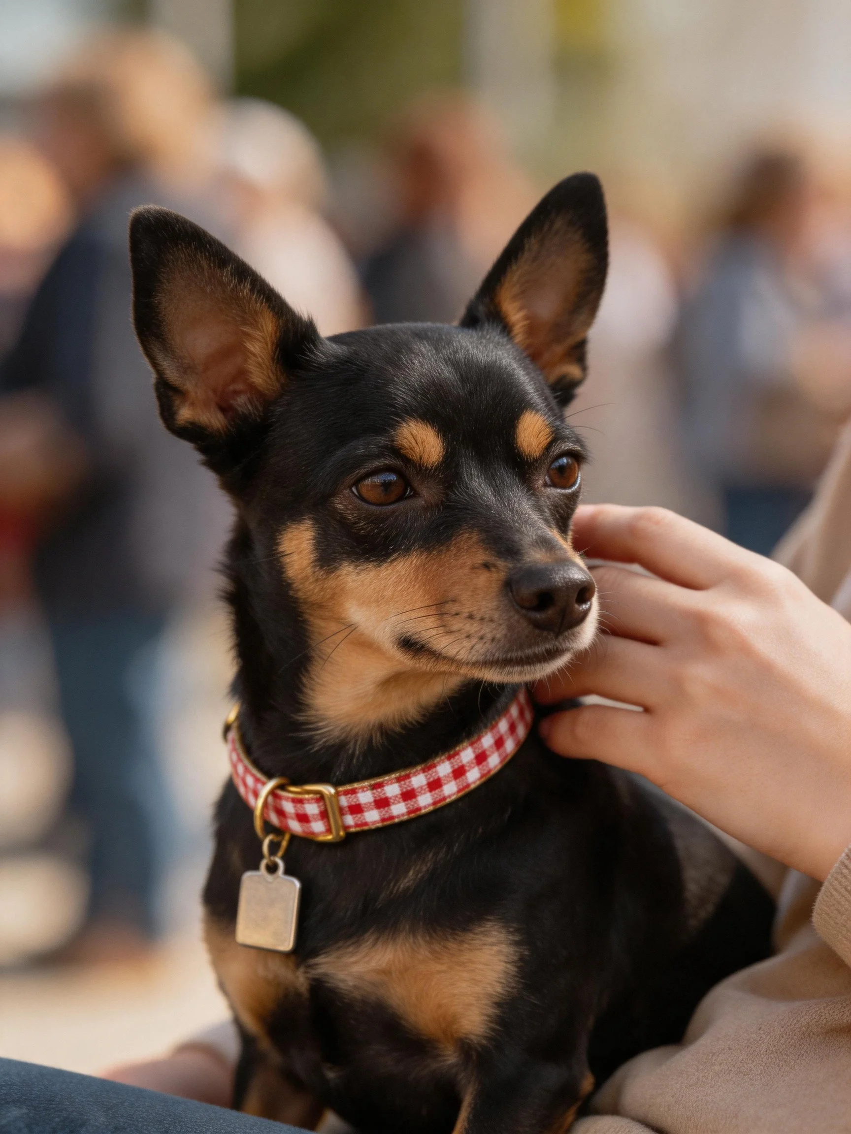 A small black and tan dog with a red checkered collar is petted outdoors
