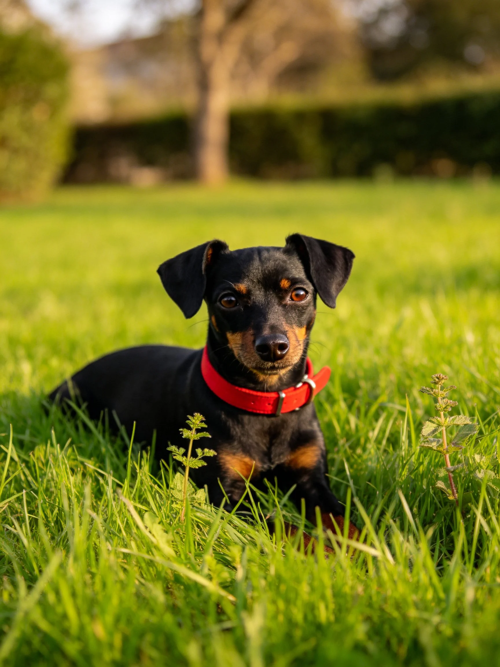A dog with a red collar relaxes on grass in a sunny outdoor setting.