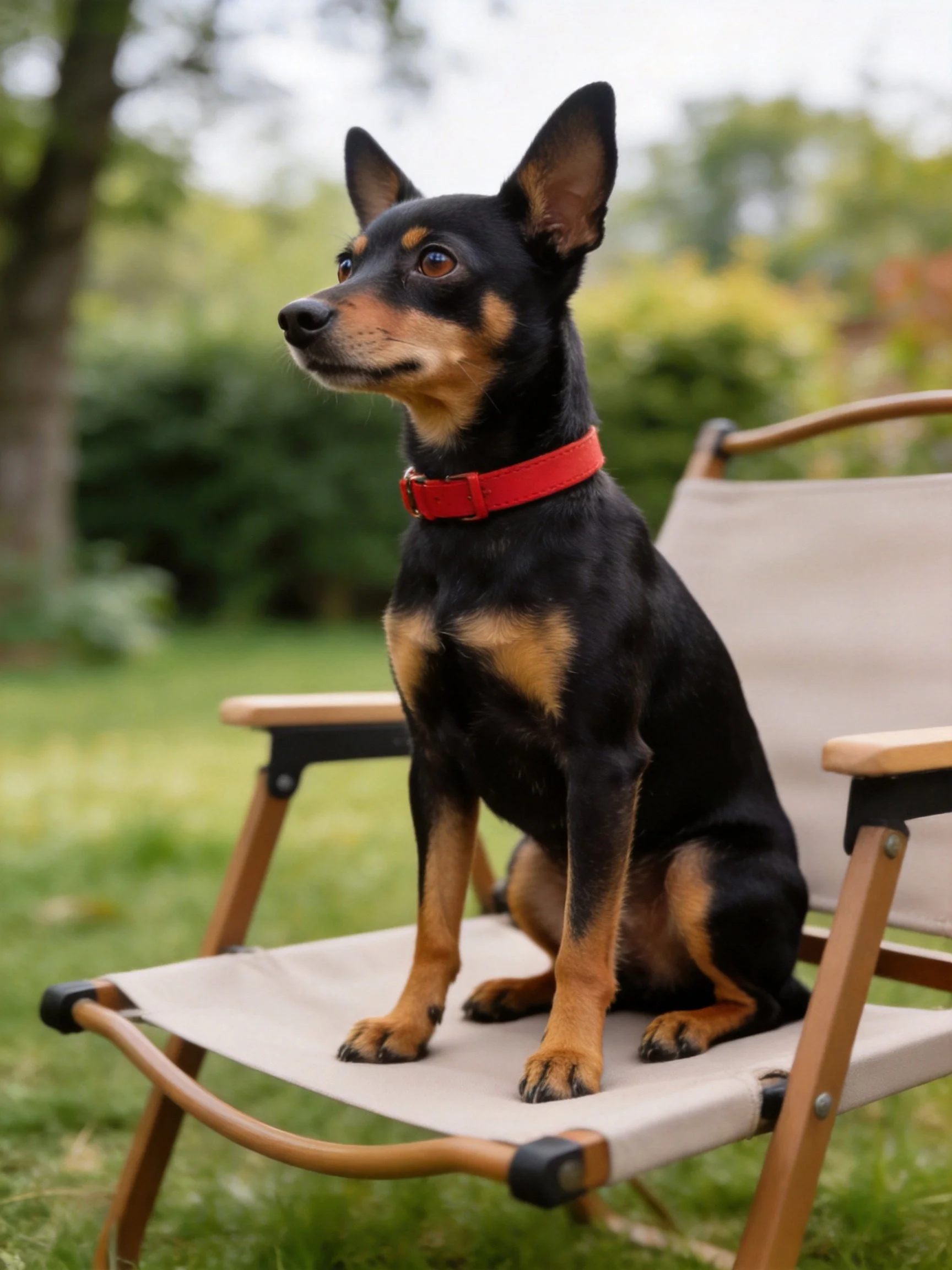 A small black and tan dog with a red collar sits on a beige folding chair outdoors