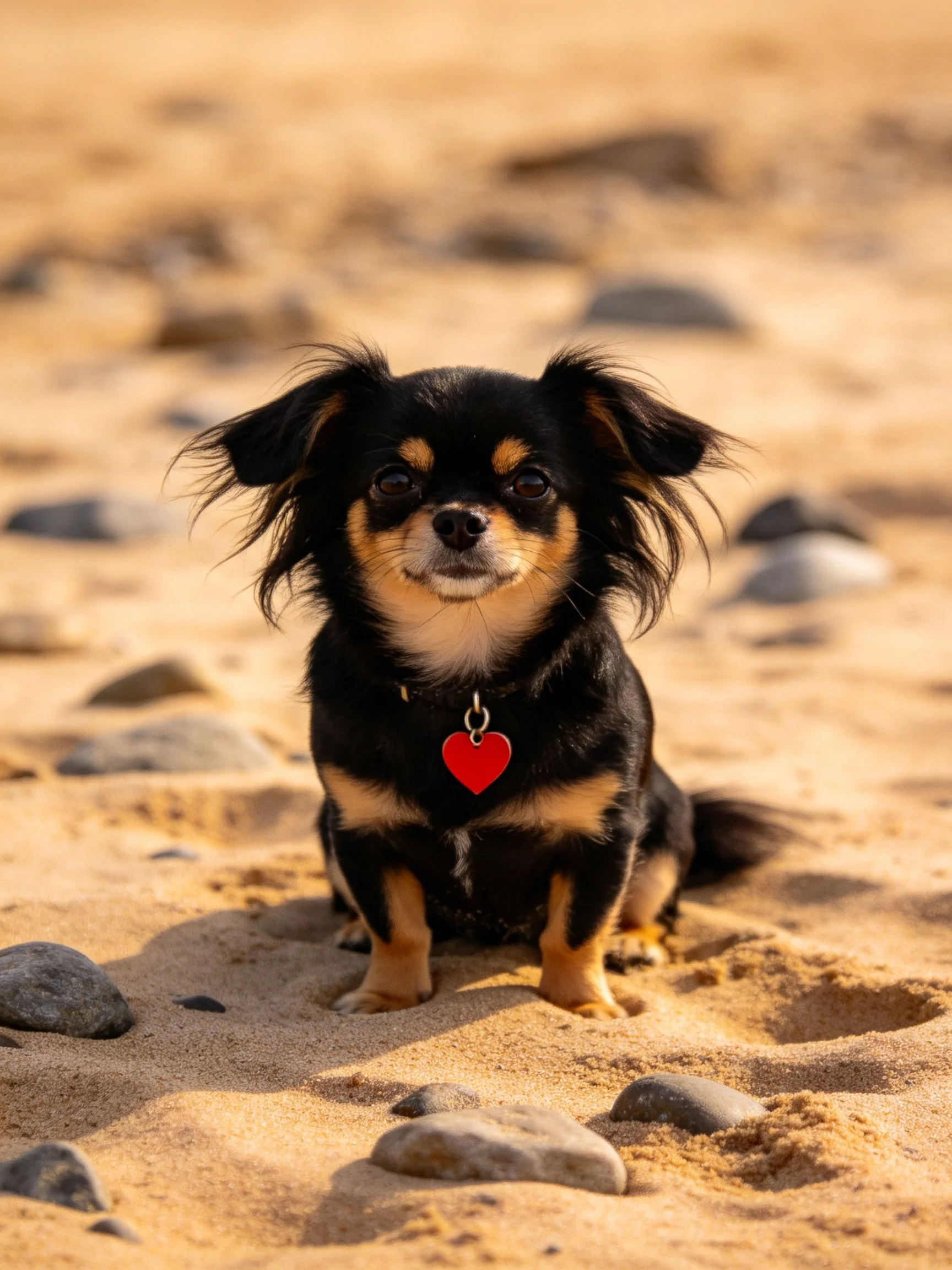 A small dog with a red heart tag sits on sandy ground among rocks.