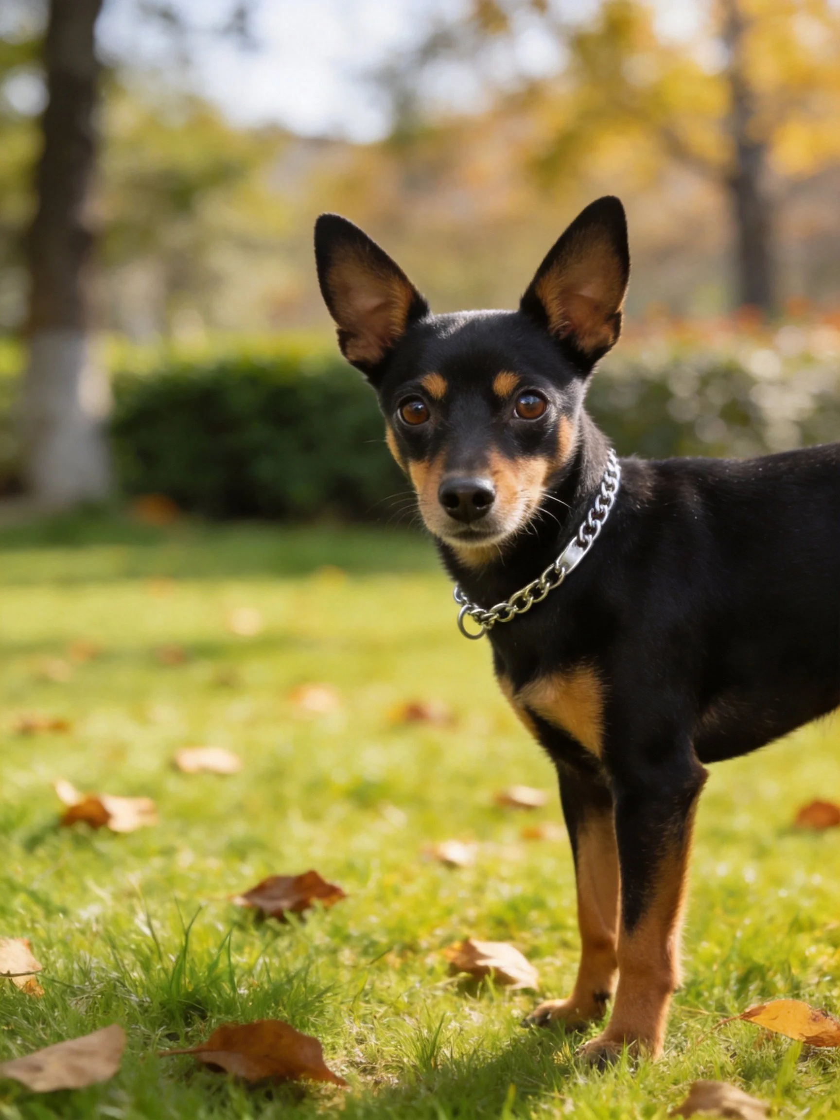A small black and tan dog stands on grass with fallen leaves.