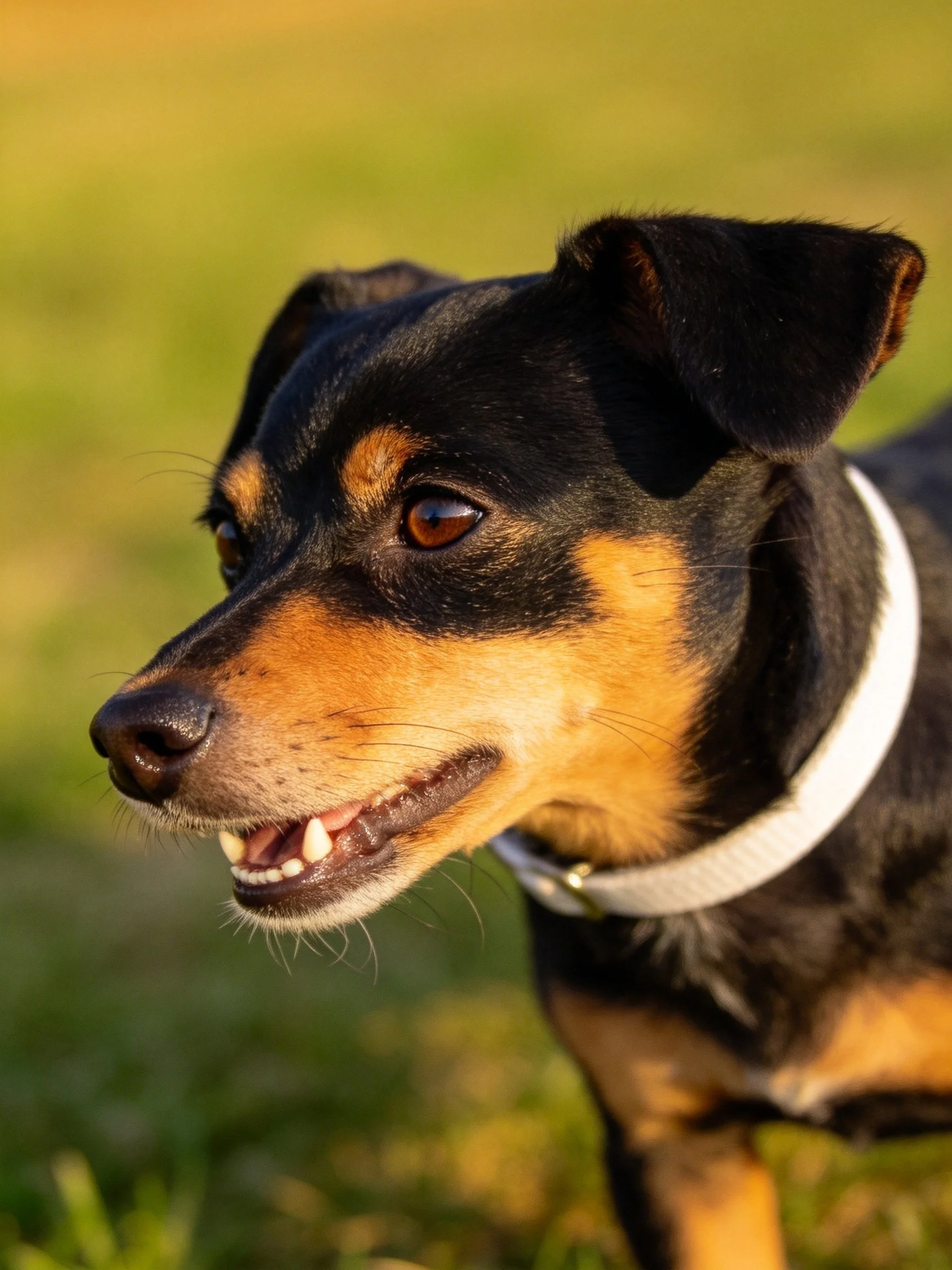 A small black and tan dog with a white collar is in a sunlit grassy area.