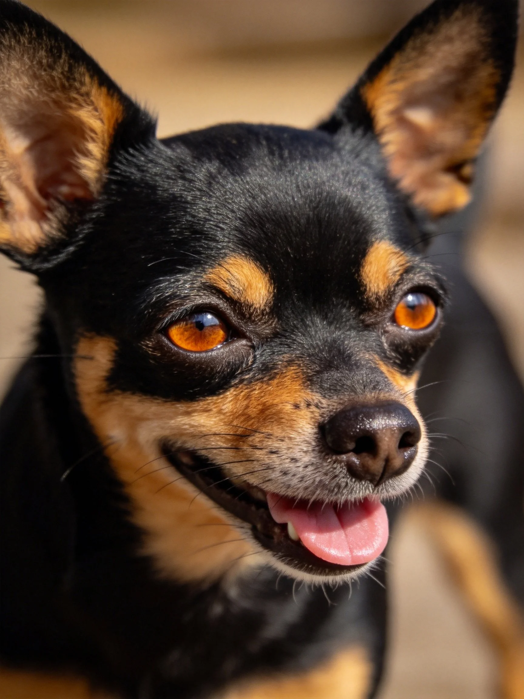 A close - up of a cheerful small dog with black and tan fur and bright eyes