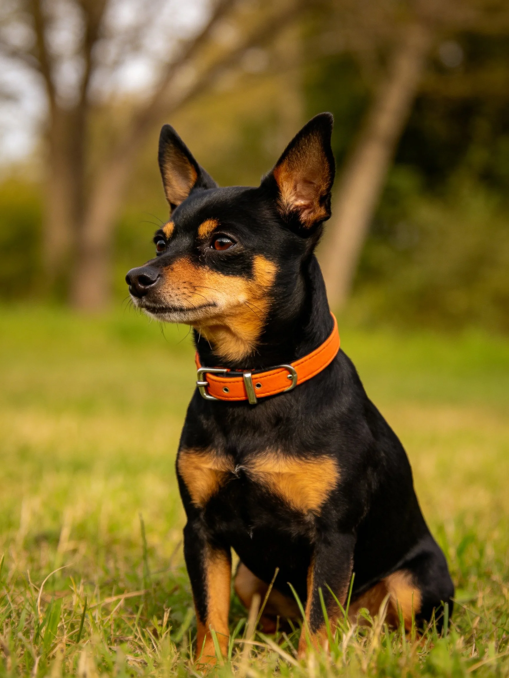 A small black and tan dog with an orange collar sits calmly on grass outdoors