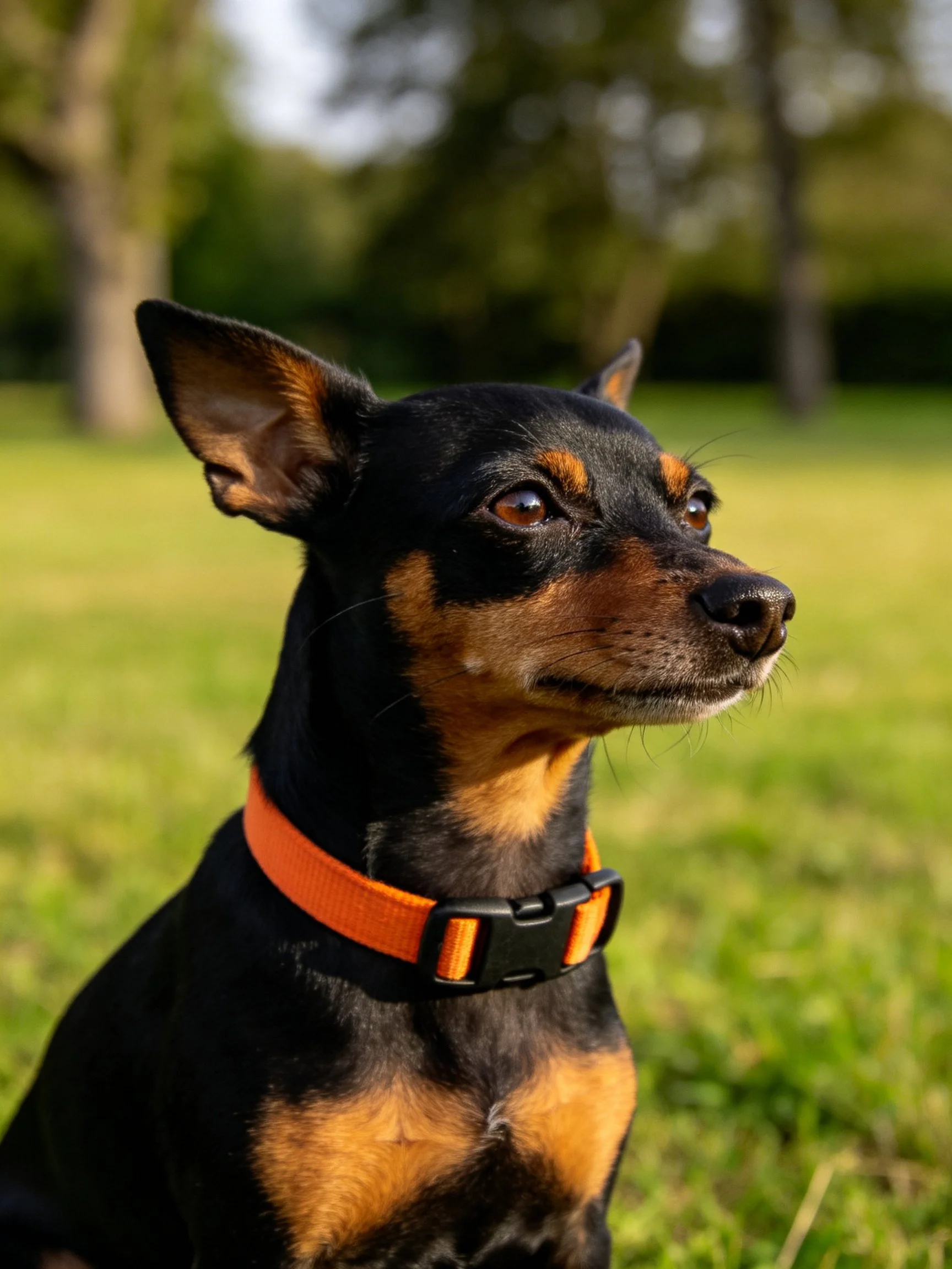 A small black and tan dog wears an orange collar while sitting in a grassy area.