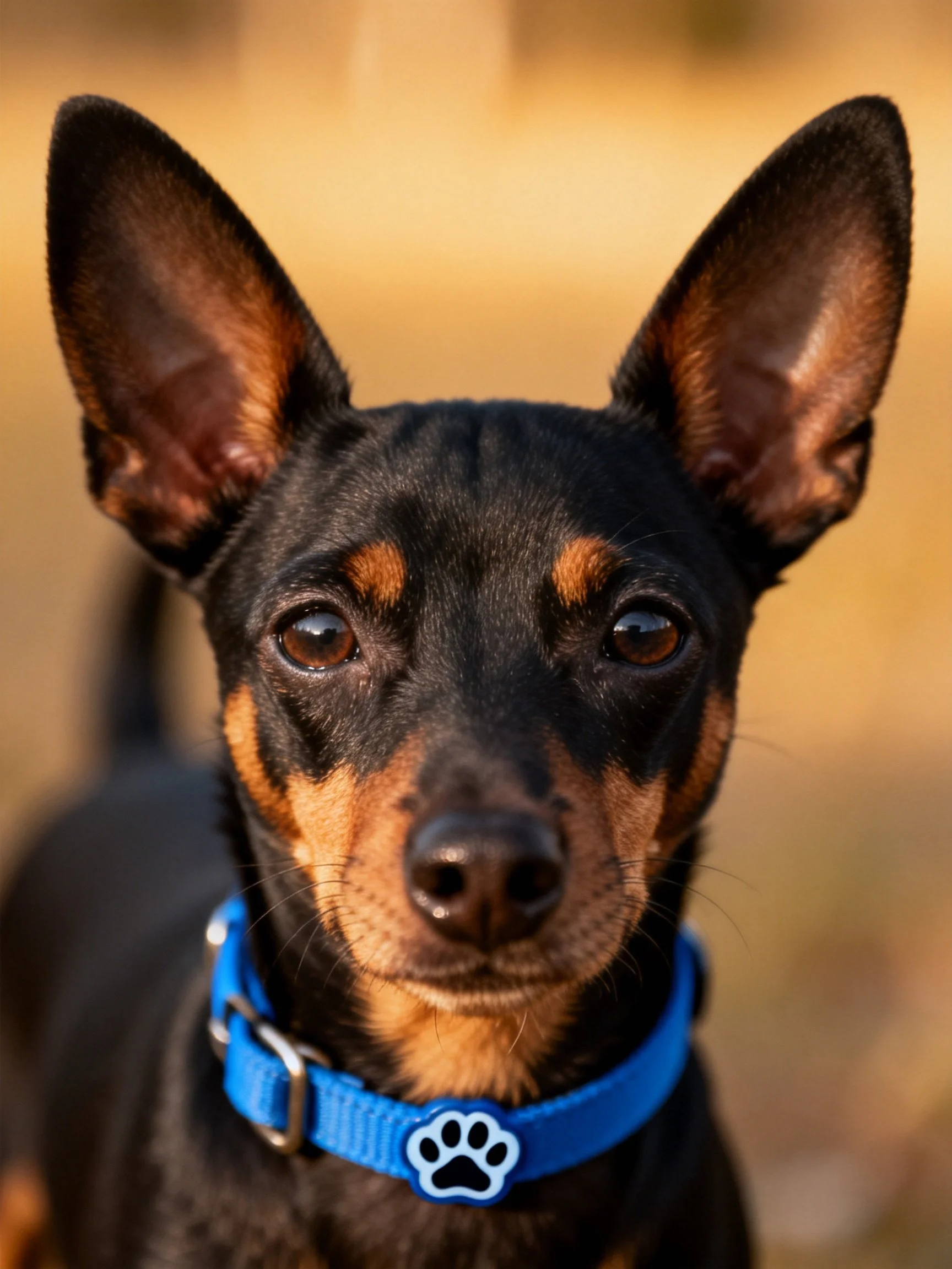 A small black and tan dog wearing a blue collar is photographed outdoors.