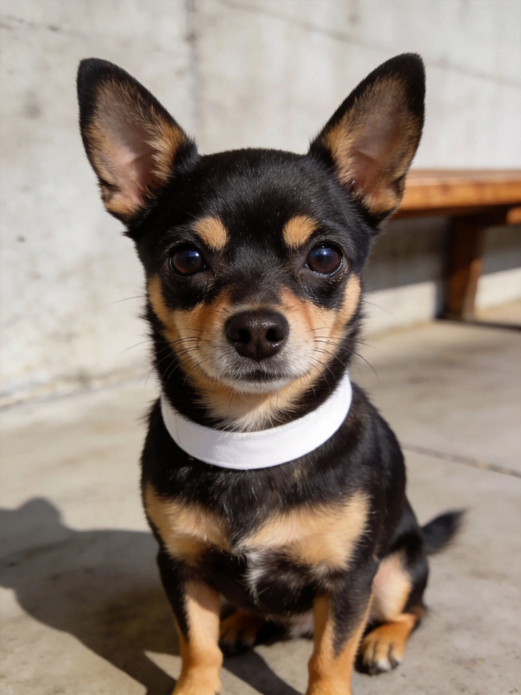 A small black and tan dog with a white collar sits outdoors near a concrete wall.