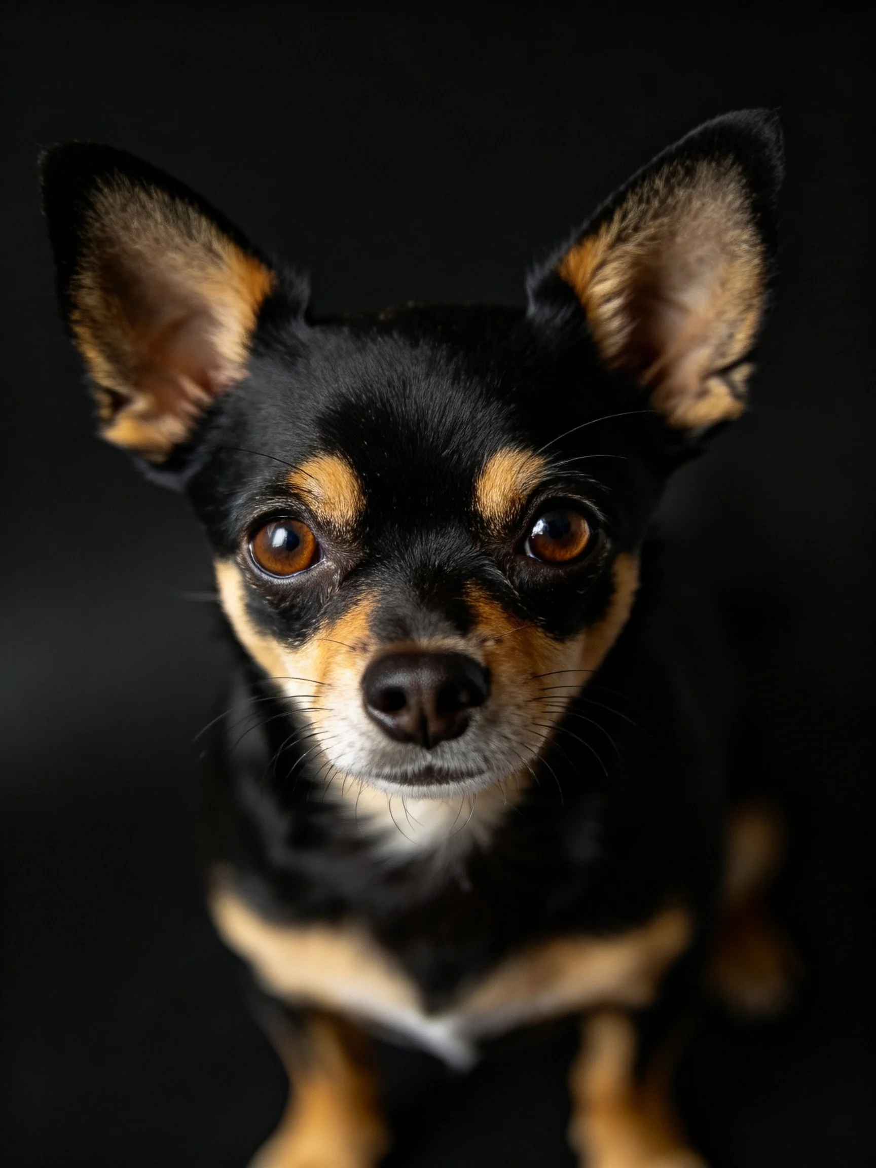 A small black and tan dog looks directly into the camera against a dark background.