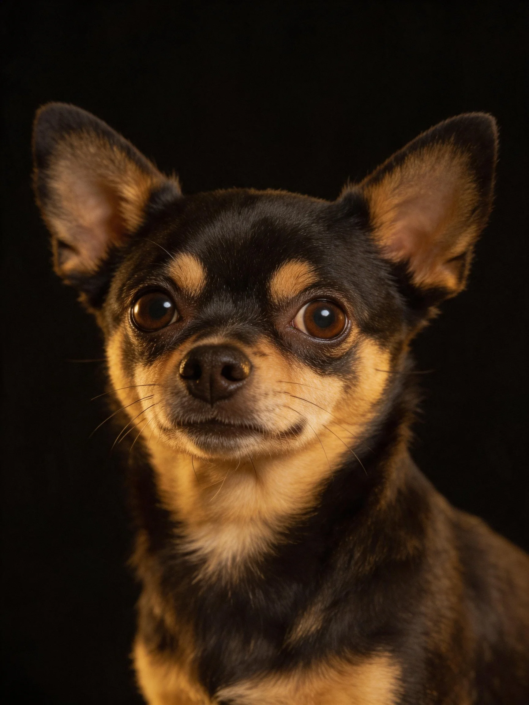 A small black and tan dog gazes directly at the viewer against a dark backdrop.